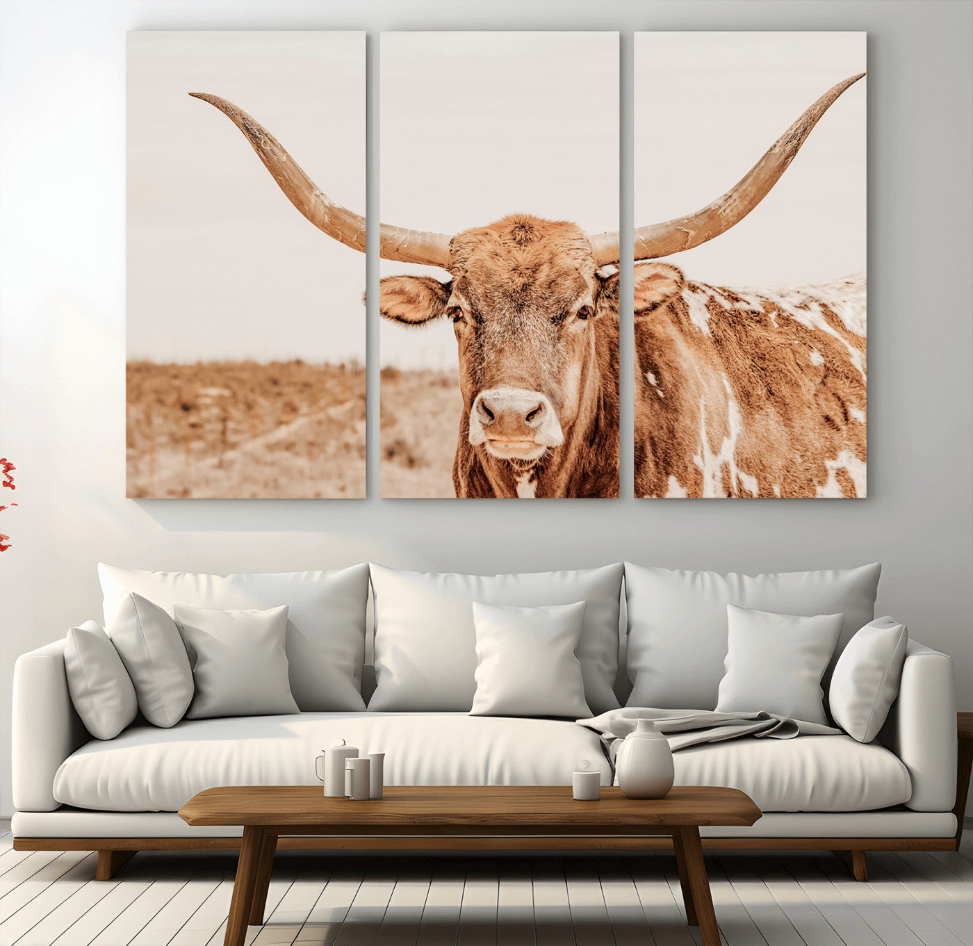 74406977-MGV-CV-48X32-3P-Longhorn Bull Wall Art Canvas Print – Framed Western Cow Rustic Farmhouse Neutral Country Animal Artwork for Home Office