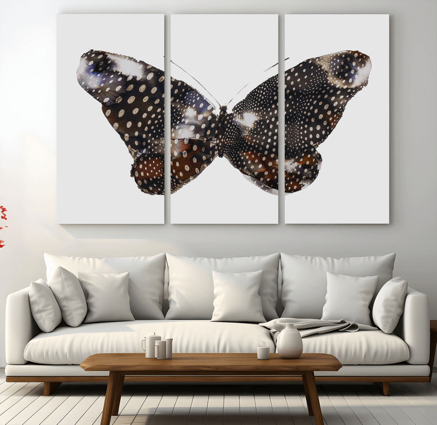 MGV-CV-48X32-3P - Spotted Butterfly Wall Art Canvas Print, Framed Neutral Insect Theme Art Picture Print, Earthy Wing Pattern Perfect Modern Rustic Decor Artwork