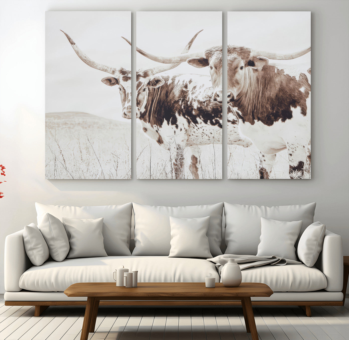 MGV-CV-48X32-3P - Longhorn Wall Art Wall Art Canvas Print, Framed Western Cow Canvas Art Picture Print, Rustic Farm Decor Perfect Rustic Farmhouse Decor Artwork