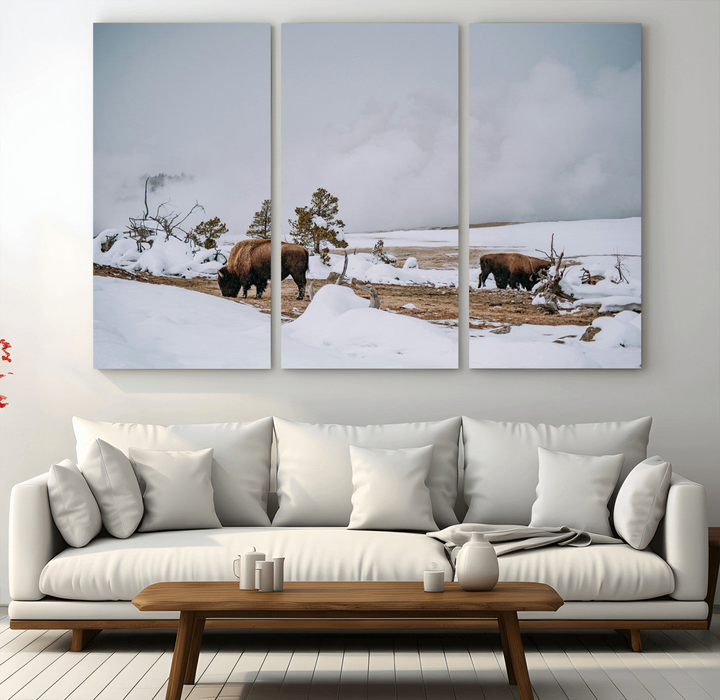 MGV-CV-48X32-3P - Bison Wildlife Wall Art Canvas Print, Framed Snowy Prairie Art Picture Print, Western Perfect Rustic Decor Artwork