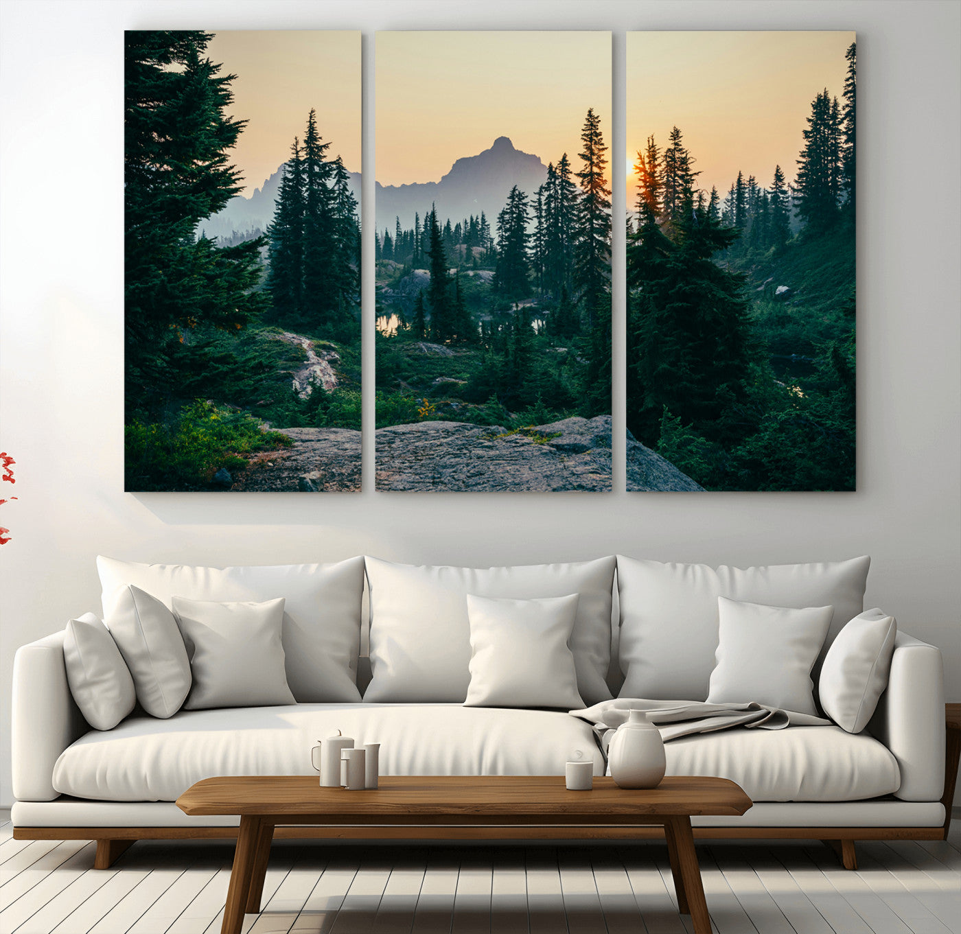66397982-MGV-CV-36X24-Mountain Wall Art Canvas Print – Framed Forest Serenity Mountain Nature Scene Artwork for Home Office