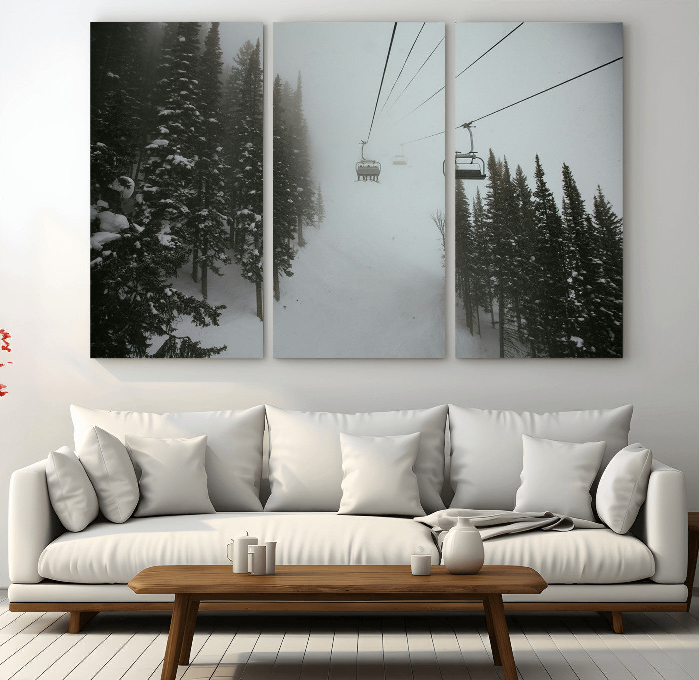 87018452-MGV-CV-36X24-Ski Lift Wall Art Canvas Print – Snowy Pines Misty Landscape Winter Serenity Artwork for Home, Office Decor
