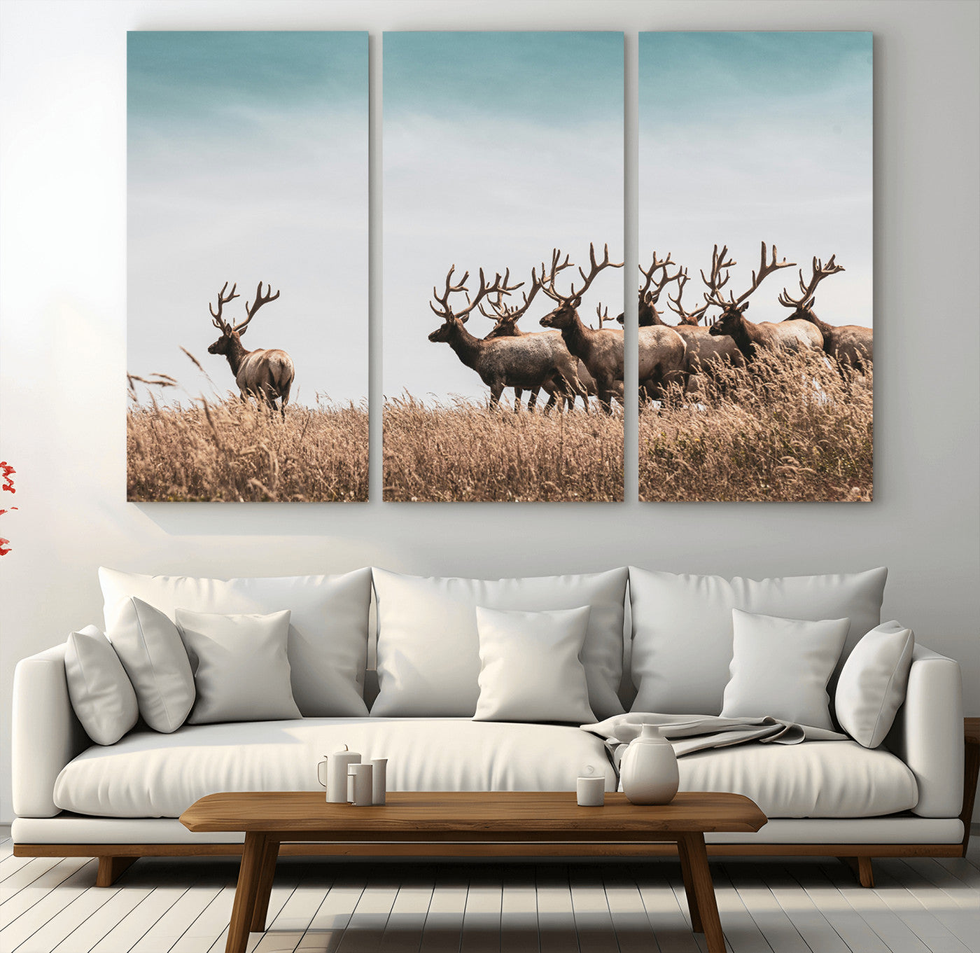 MGV-CV-48X32-3P - Elk Herd Wall Art Canvas Print, Framed Wildlife Photography Art Picture Print, Rustic Nature Print Perfect Rustic Wildlife Decor Artwork