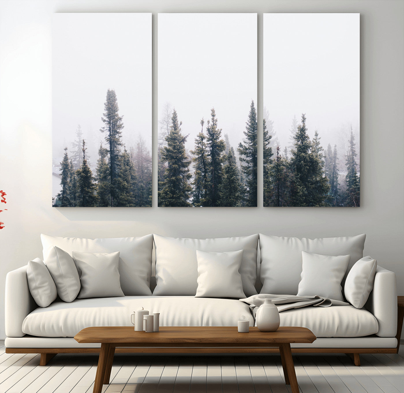 MGV-CV-48X32-3P - Foggy Forest Wall Art Canvas Print, Framed Misty Pines Art Picture Print, Moody Woodland Perfect Scandinavian Minimalist Decor Artwork