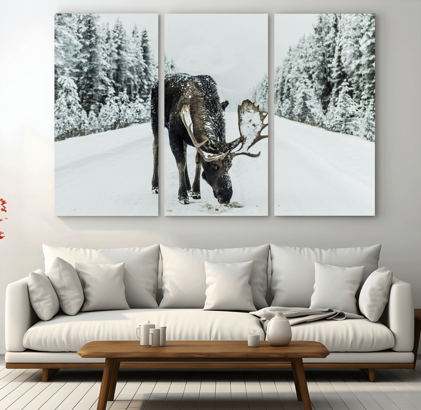 MGV-CV-48X32-3P - Moose in Snow Wall Art Canvas Print, Framed Winter Wildlife Art Picture Print, Snowy Forest Scene Perfect Rustic Lodge Decor Artwork