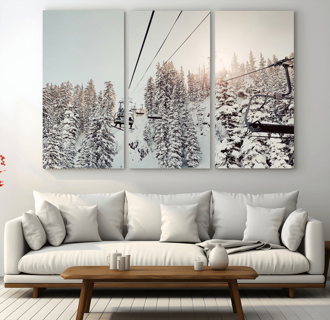 91534512-MGV-CV-36X24-Frosty Pines Wall Art Canvas Print – Framed Cozy Cabin Ski Lift Ride Winter Scene Artwork for Home Office