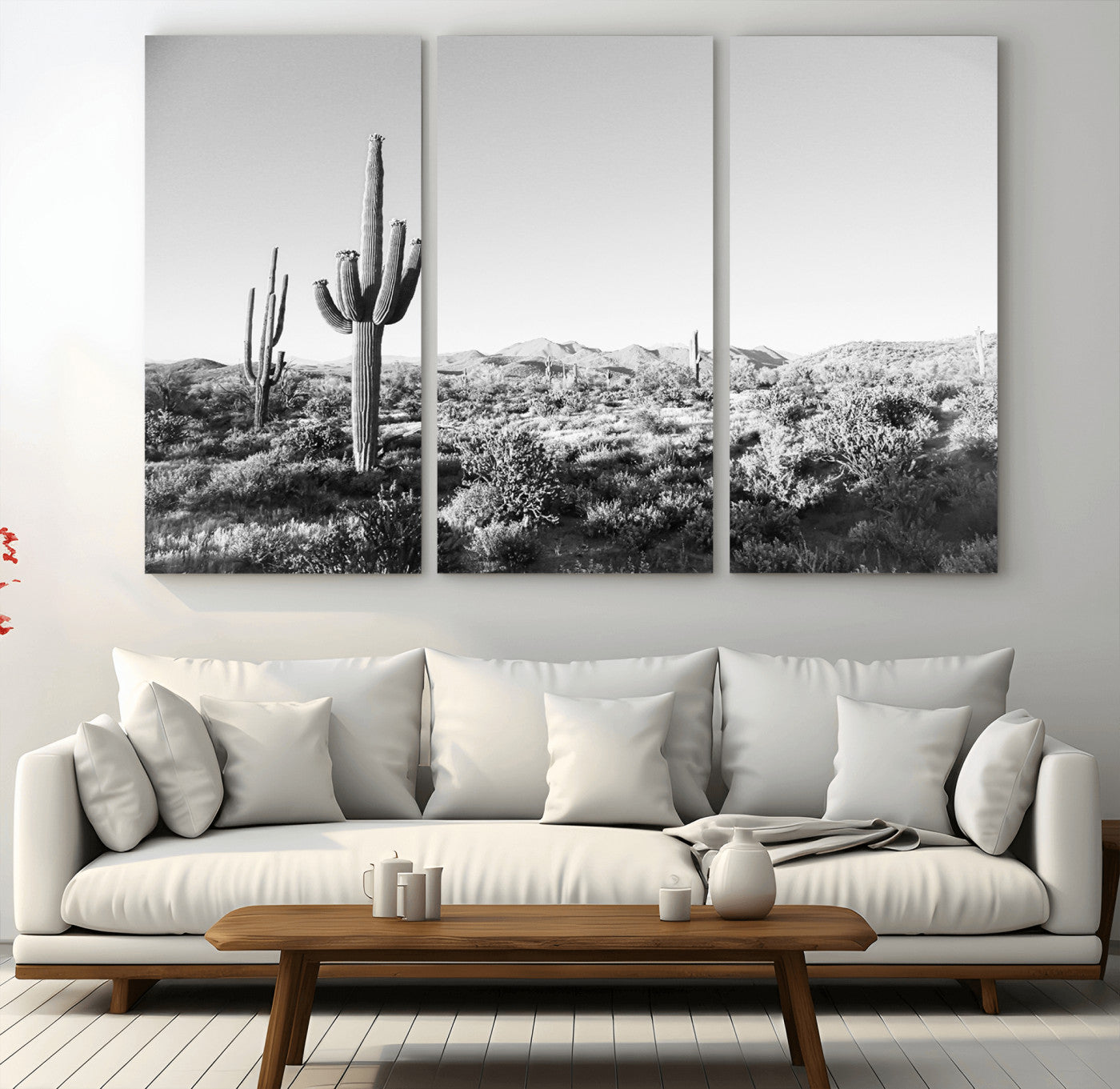 MGV-CV-48X32-3P - Saguaro Cactus Wall Art Canvas Print, Framed Monochrome Landscape Art Picture Print, Scenic Arizona View Perfect Minimalist Western Decor Artwork