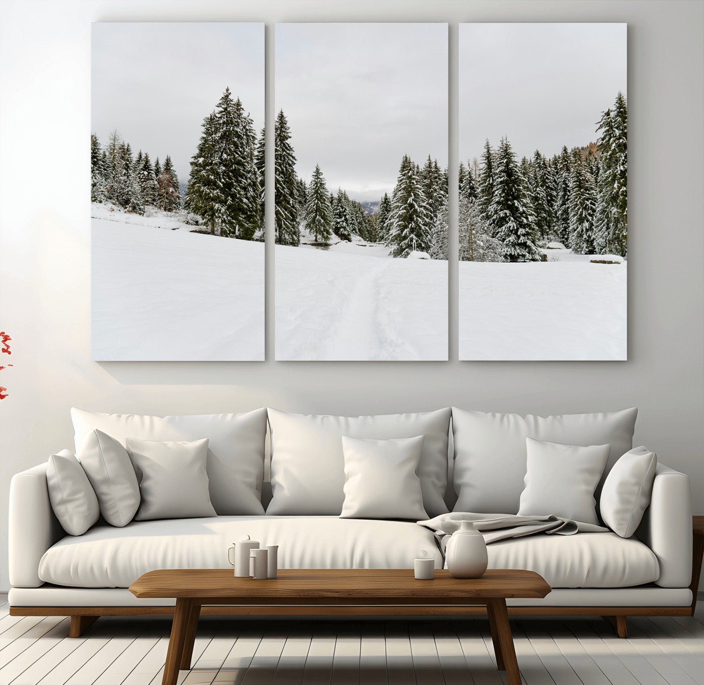 24581417-MGV-CV-36X24-Frosty Pines Wall Art Canvas Print – Framed Silent Snowfall Cozy Cabin Nordic Minimalist Winter Landscape Artwork for Home, Office