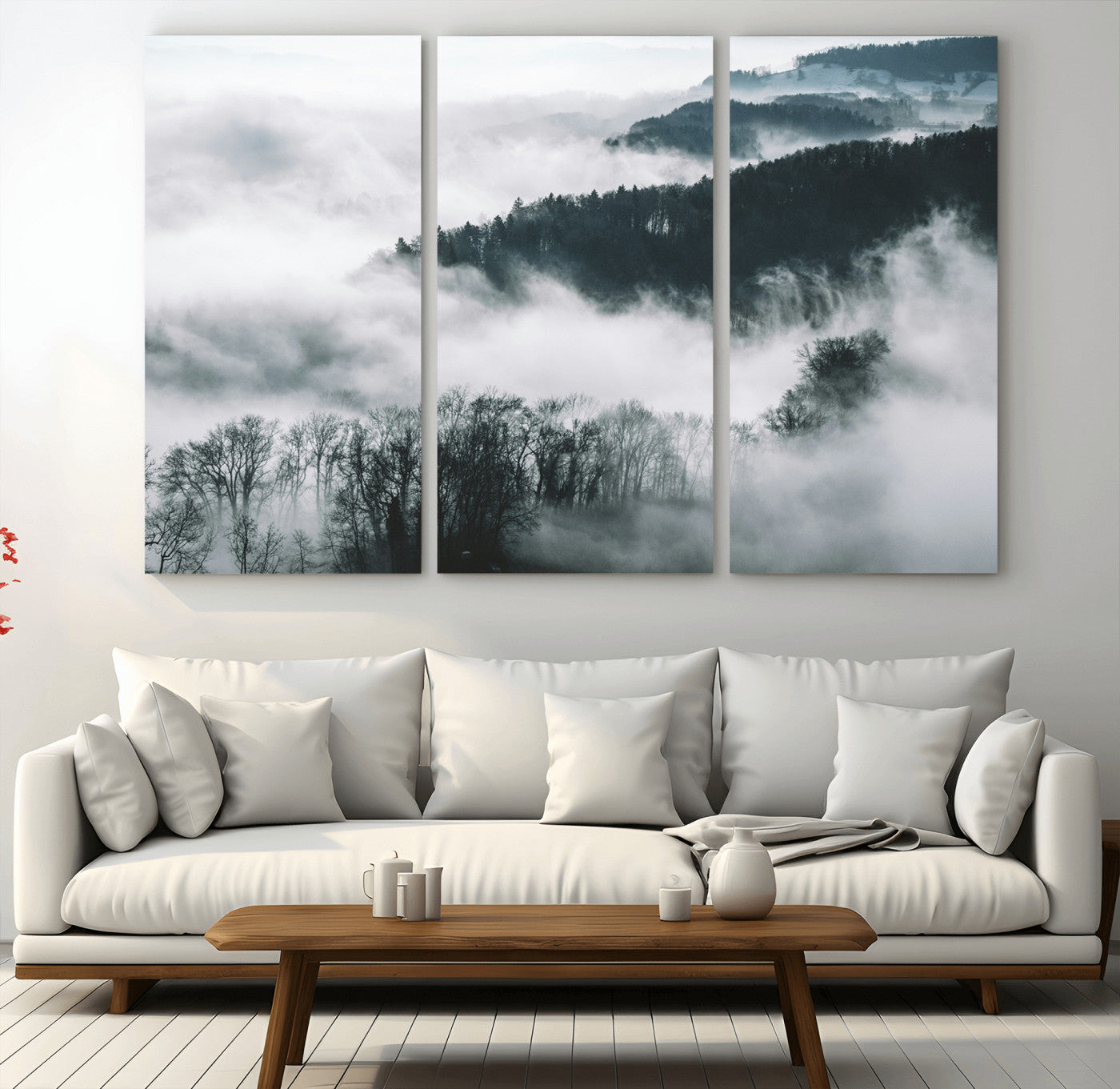 MGV-CV-48X32-3P - Foggy Forest Landscape Wall Art Canvas Print – Misty Mountain Valley Scene in Monochrome Tones,
