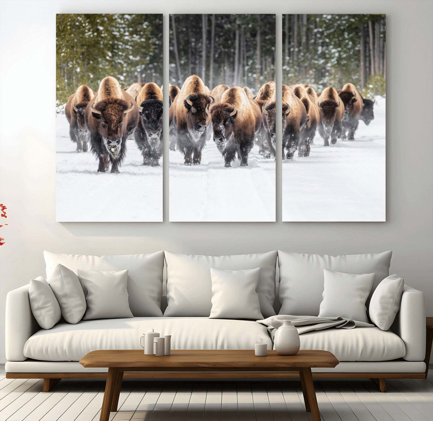 96906195-MGV-CV-48X32-3P - American Bison Herd Snow Canvas Wall Art – Powerful Winter Wildlife Print of Buffalo Motion, Rustic Lodge or Western Cabin Decor for Living Room, Office