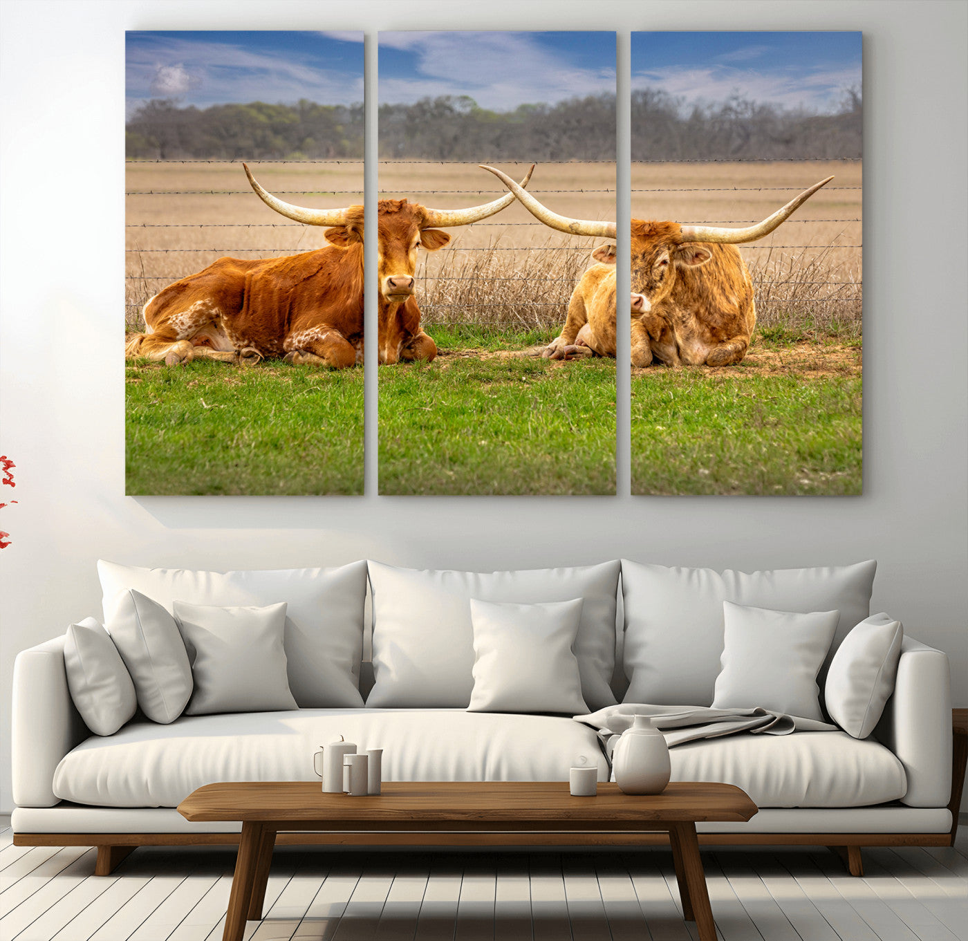 54598515-MGV-CV-36X24-Texas Longhorn Pair Wall Art Canvas Print – Peaceful Rustic Ranch Scene with Two Cattle Field Western Artwork for Home Office