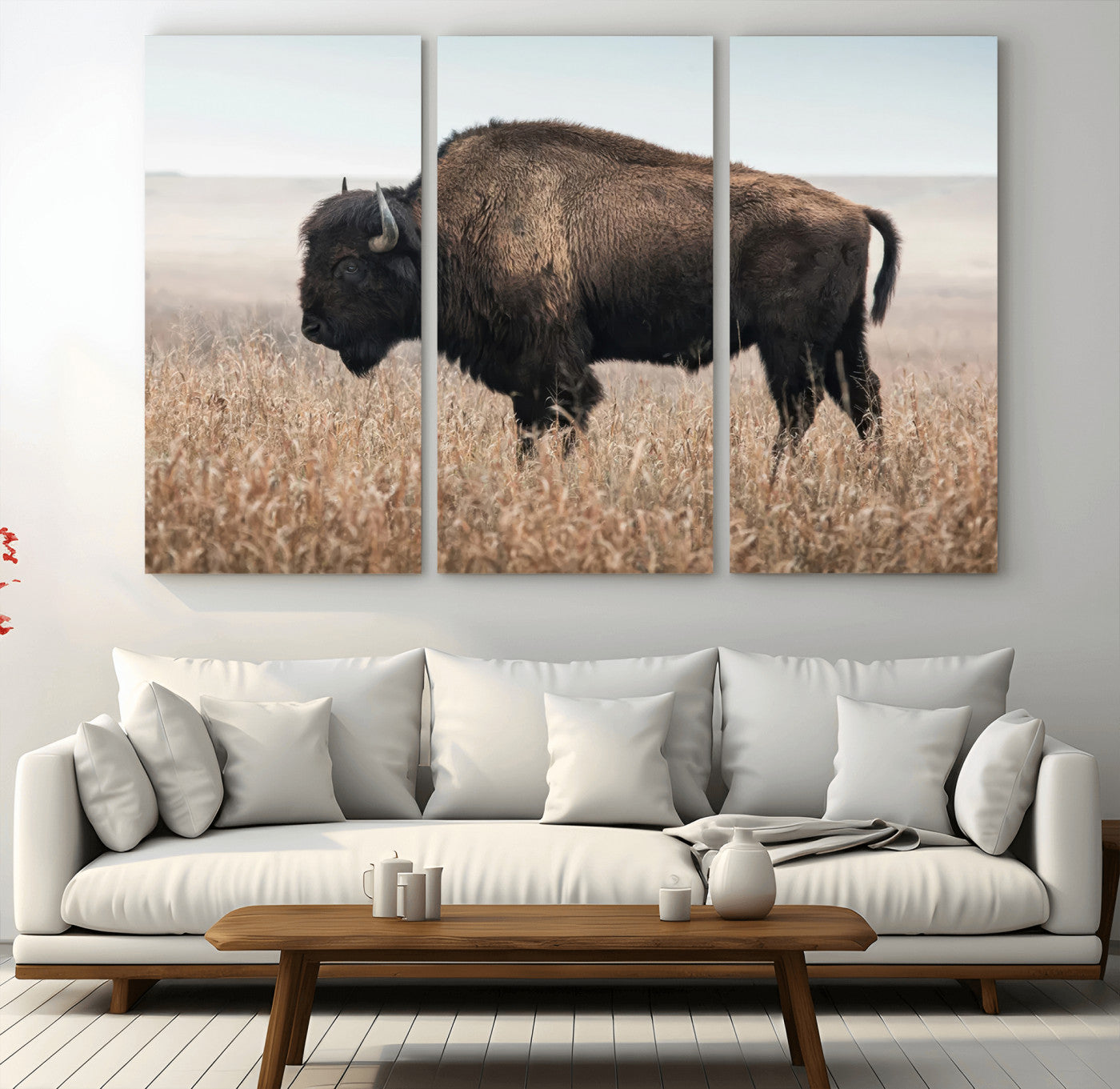 69909079-MGV-CV-36X24-American Bison Field Wall Art Canvas Print – Majestic Buffalo Grazing Wide Open Plains Wildlife Artwork for Home, Office