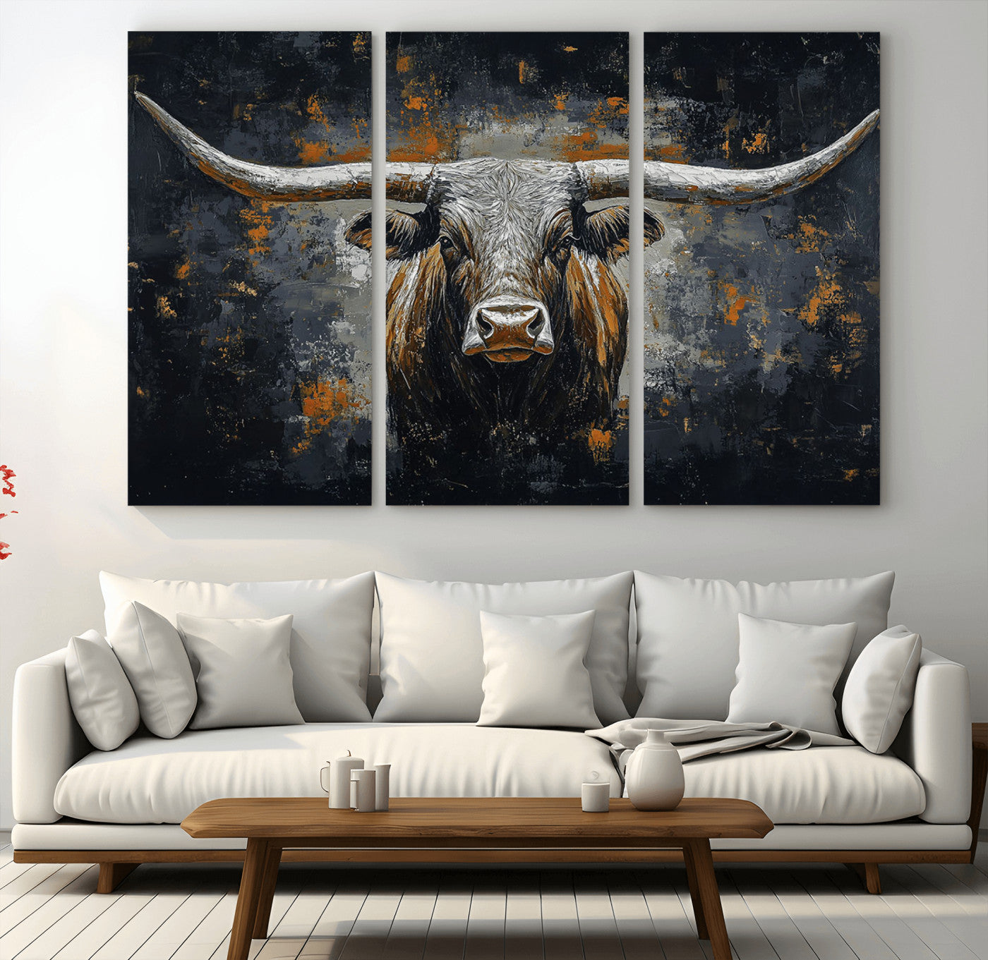 93195031-MGV-CV-36X24-Rustic Longhorn Bull Wall Art Canvas Print – Vintage Western Cattle Scene, Texas Steer Artwork for Home, Office