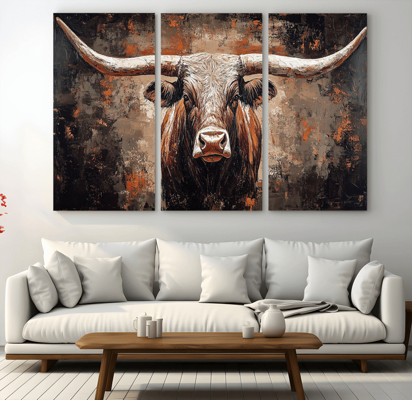42732393-MGV-CV-36X24-Rustic Longhorn Bull Wall Art Canvas Print – Vintage Western Cattle Scene, Texas Steer Artwork for Home, Office
