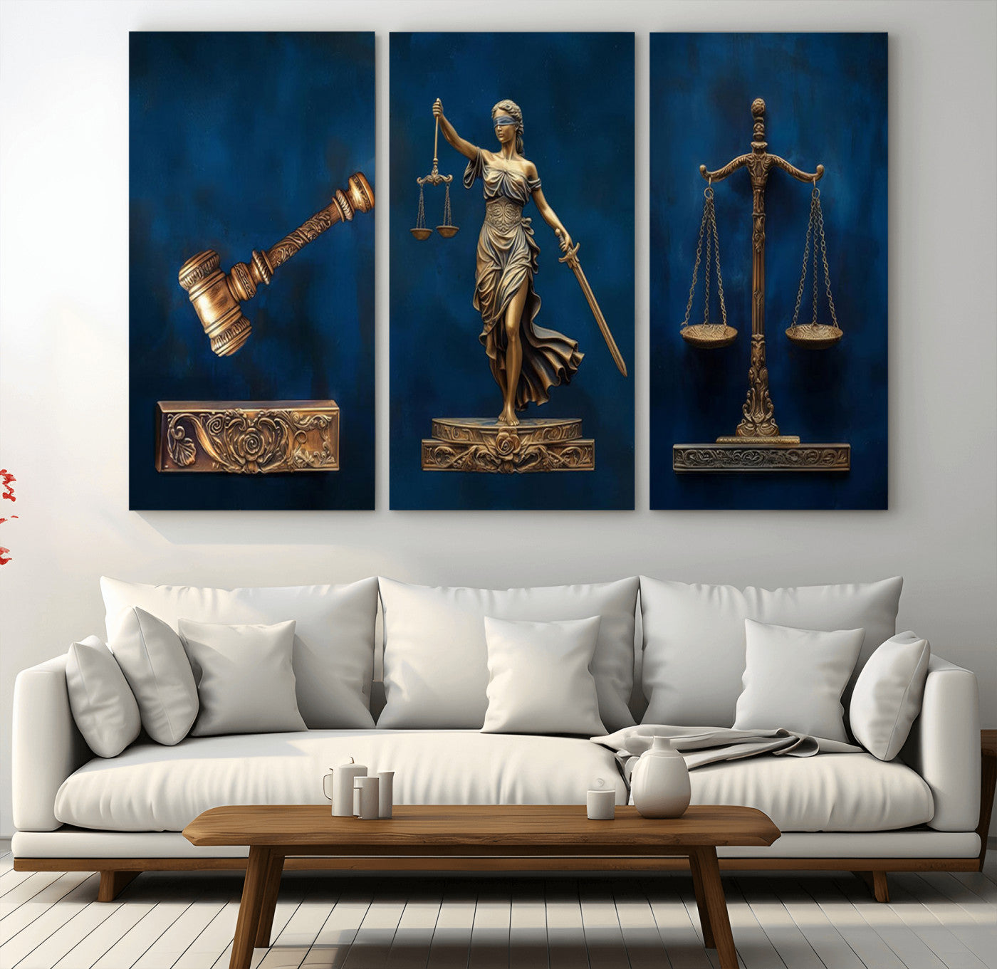 91629053-MGV-CV-36X24-Lady Justice Wall Art Canvas Print – Elegant Gold Legal Symbols Blue Background Artwork for Home, Office, Living Room