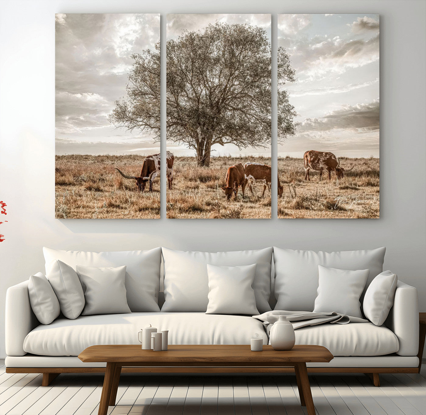 Texas Longhorn Cattle Wall Art Canvas Print – Rustic Western Ranch Scene with Steers at Sunset, Perfect for Farmhouse or Cowboy Decor