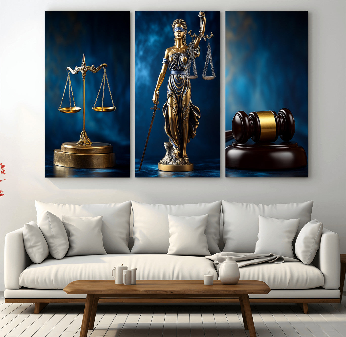 33888279-MGV-FP-36X24-3P_Walnut-Lady Justice Wall Art Canvas Print – Elegant Gold Legal Symbols Blue Background, Perfect for Law