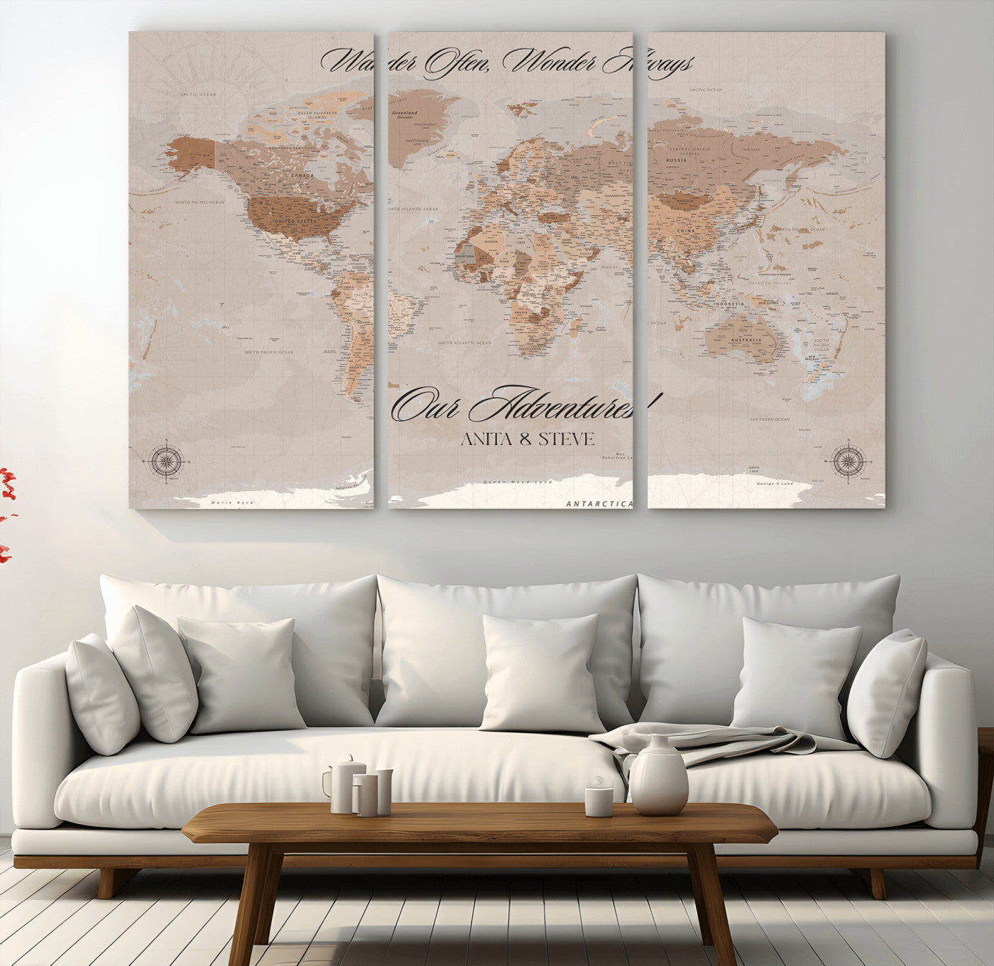 -Personalized World Map Canvas Custom Framed Push Pin Travel Tracker Elegant Neutral Wall Art Gift Couples Travelers for Home, Office