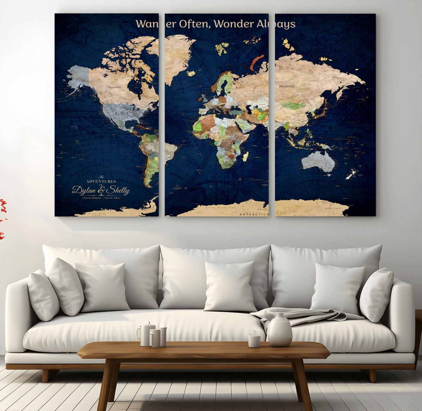 Rehber01-MGV-CV-36X24-Personalized World Map Canvas – Custom Framed Push Pin Travel Map Wall Art, Navy Blue Vintage Gift for Couples and Adventurers