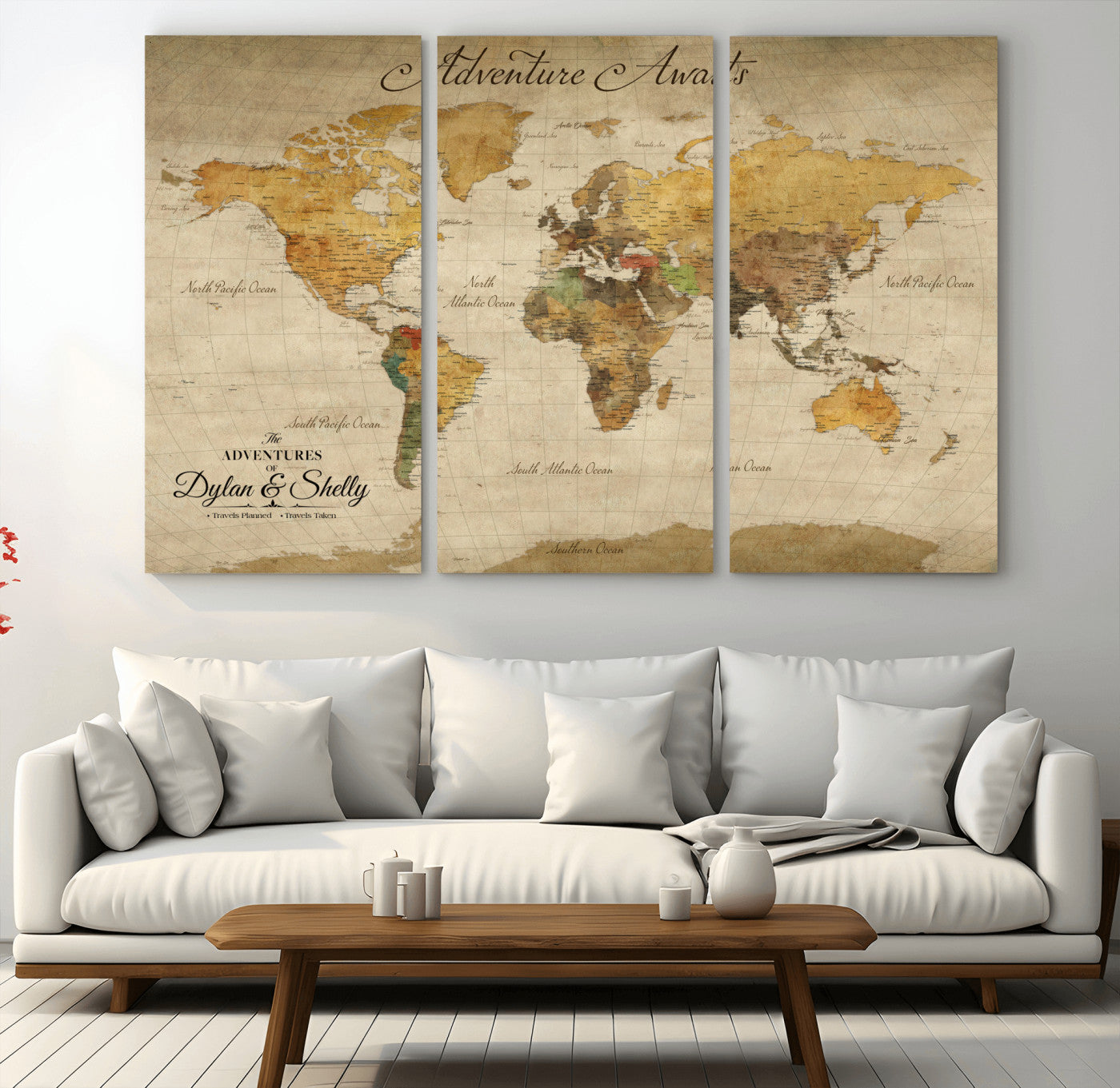 Rehber01-MGV-CV-36X24-Personalized World Map Canvas – Custom Framed Push Pin Travel Map Wall Art, Rustic Vintage Gift for Couples and Travel Lovers