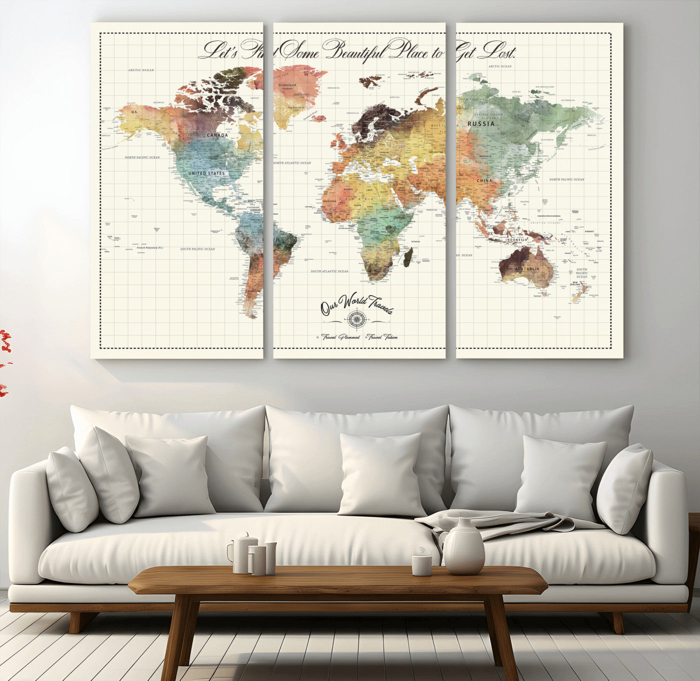 Rehber01-MGV-CV-36X24-Personalized Push Pin World Map Canvas Print – Custom Adventure Travel Tracker Map, Framed Wall Art Gift for Couples or Family