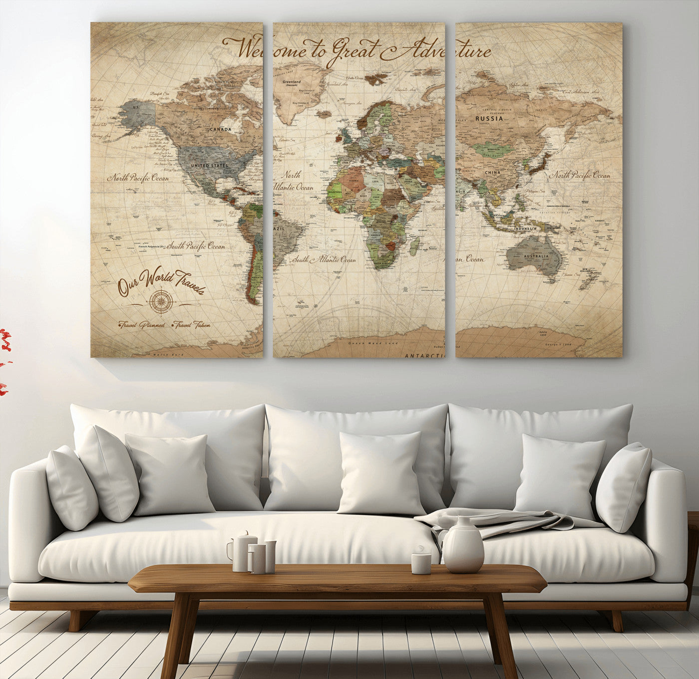 Rehber01-MGV-CV-36X24-Personalized Antique World Map Canvas Print – Custom Push Pin Travel Tracker Vintage Adventure Gift for Couples for Home, Office