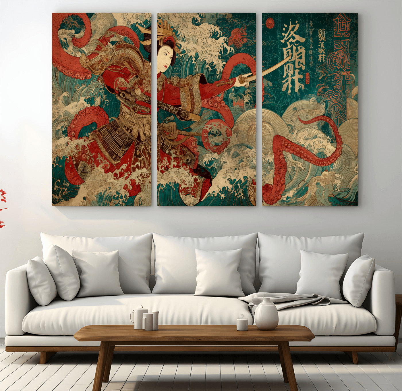 MGV-CV-48X32-3P - Tsukioka Yoshitoshi Samurai Wall Art Print, Japanese Katana Warrior Canvas Wall Art, Octopus Sea Monster Canvas Print,