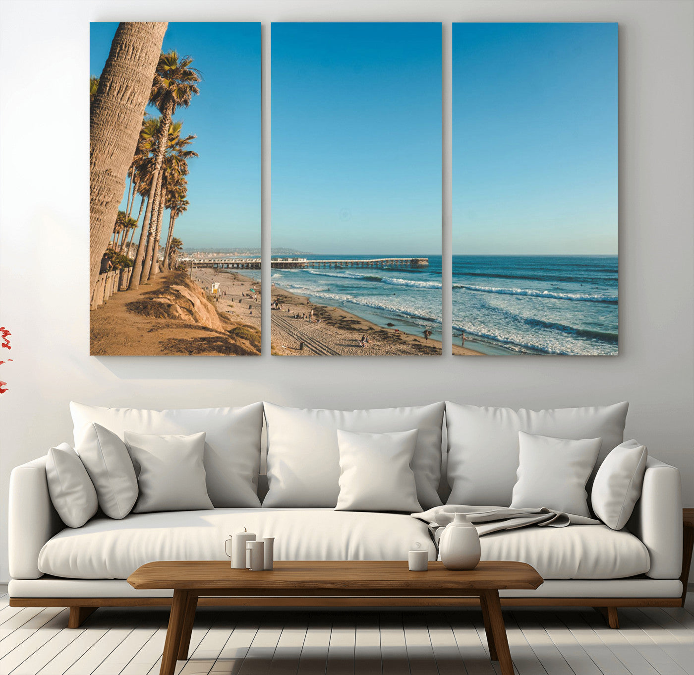 MGV-CV-48X32-3P - Scenic Beach with Tall Palm Trees, Sandy Shore, and Long Pier Stretching into the Calm Ocean Under