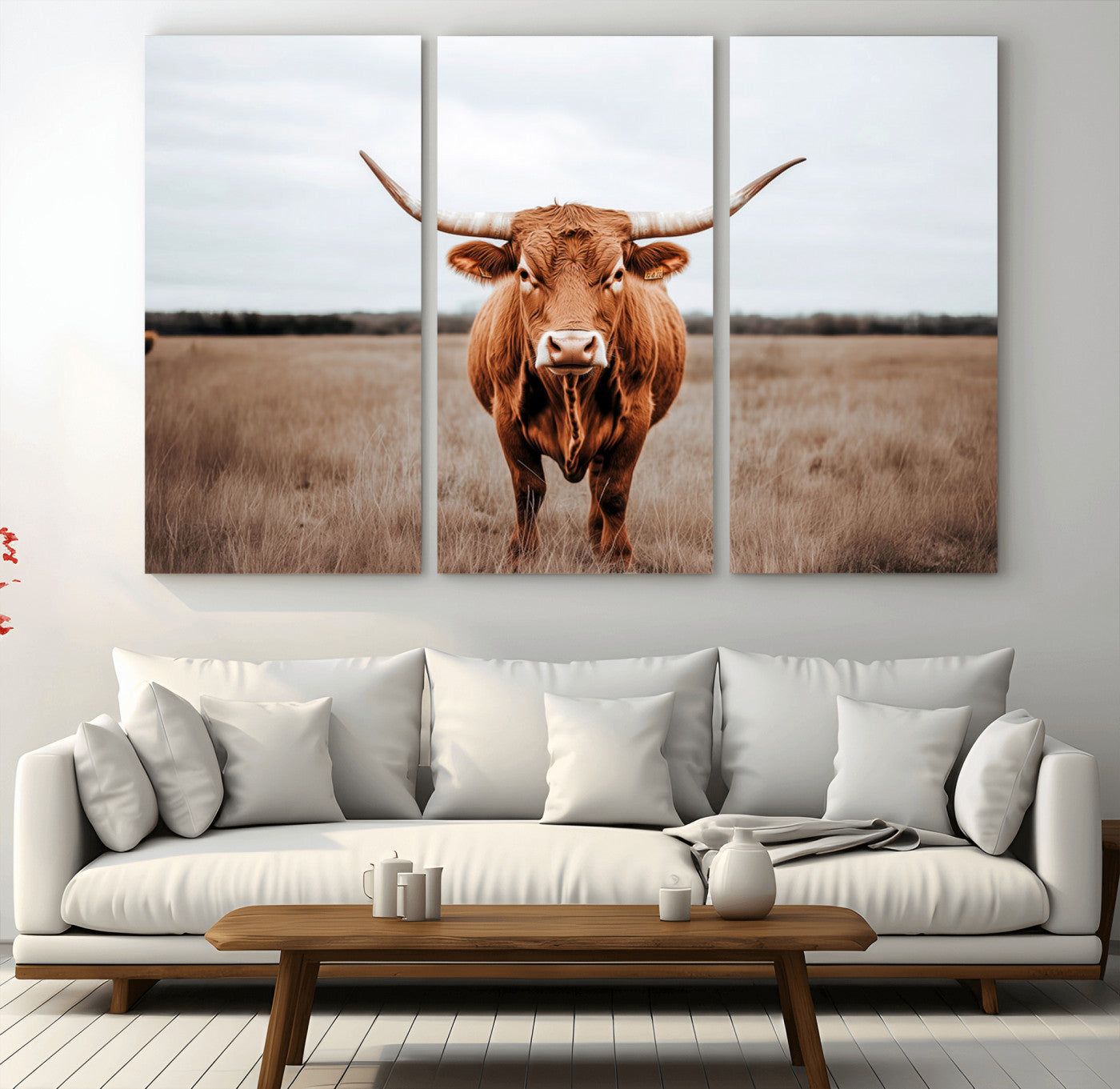 16316734-MGV-CV-48X32-3P - Longhorn bull, open field, rustic charm, natural beauty, Wall Art Canvas Print, countryside,