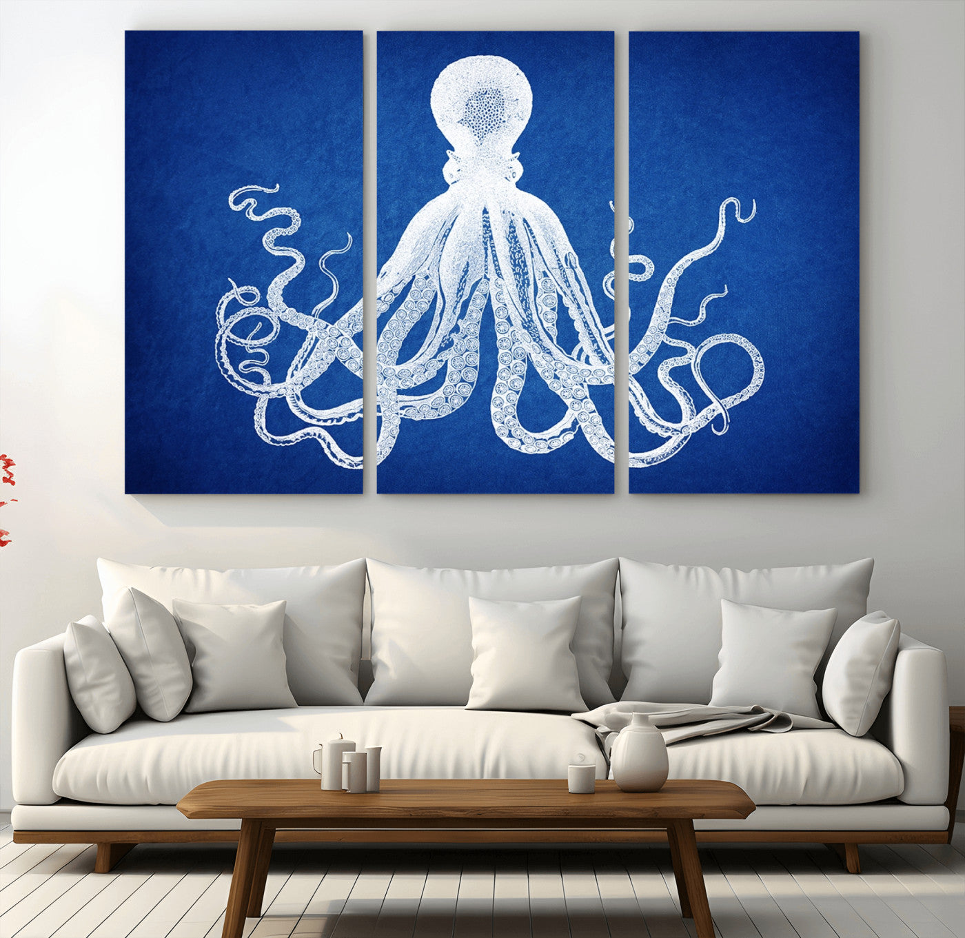 67315-MGV-CV-36X24-Large 3-Panel Blue Octopus Canvas Wall Art | Coastal Marine Life Artwork for Living Room, Bedroom,