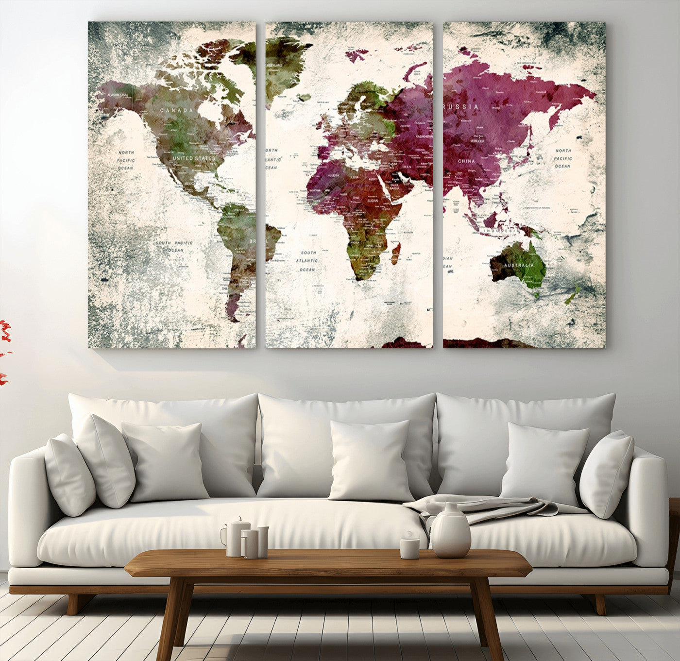 39882-MGV-CV-36X24-Vintage Watercolor Push Pin World Map Canvas – Framed Travel Wall Art for Home and Office Decor