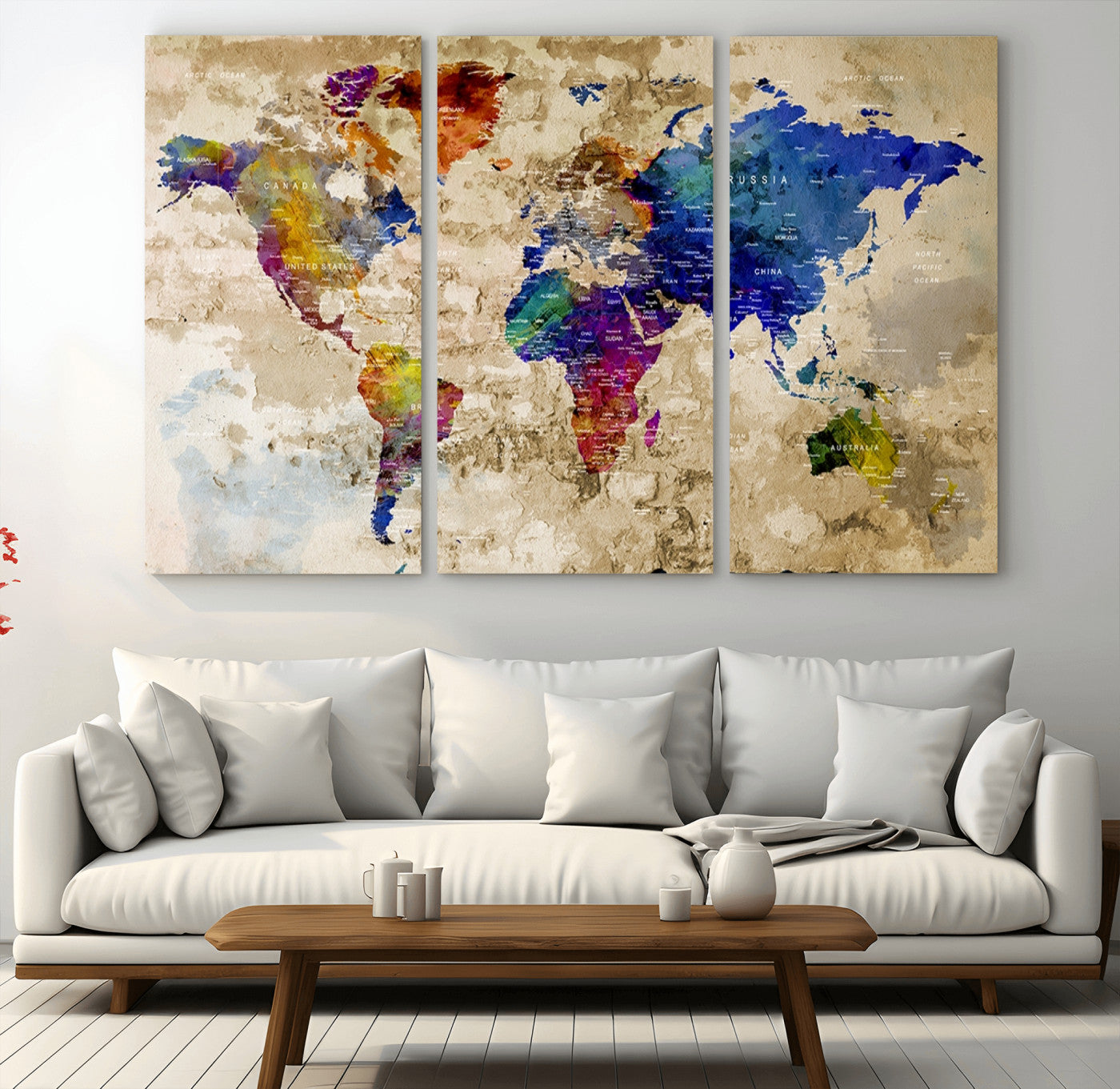 92939-MGV-CV-36X24-Colorful World Map Canvas Wall Art – Abstract Watercolor Map Print, Modern Travel Decor for Home Office or Study
