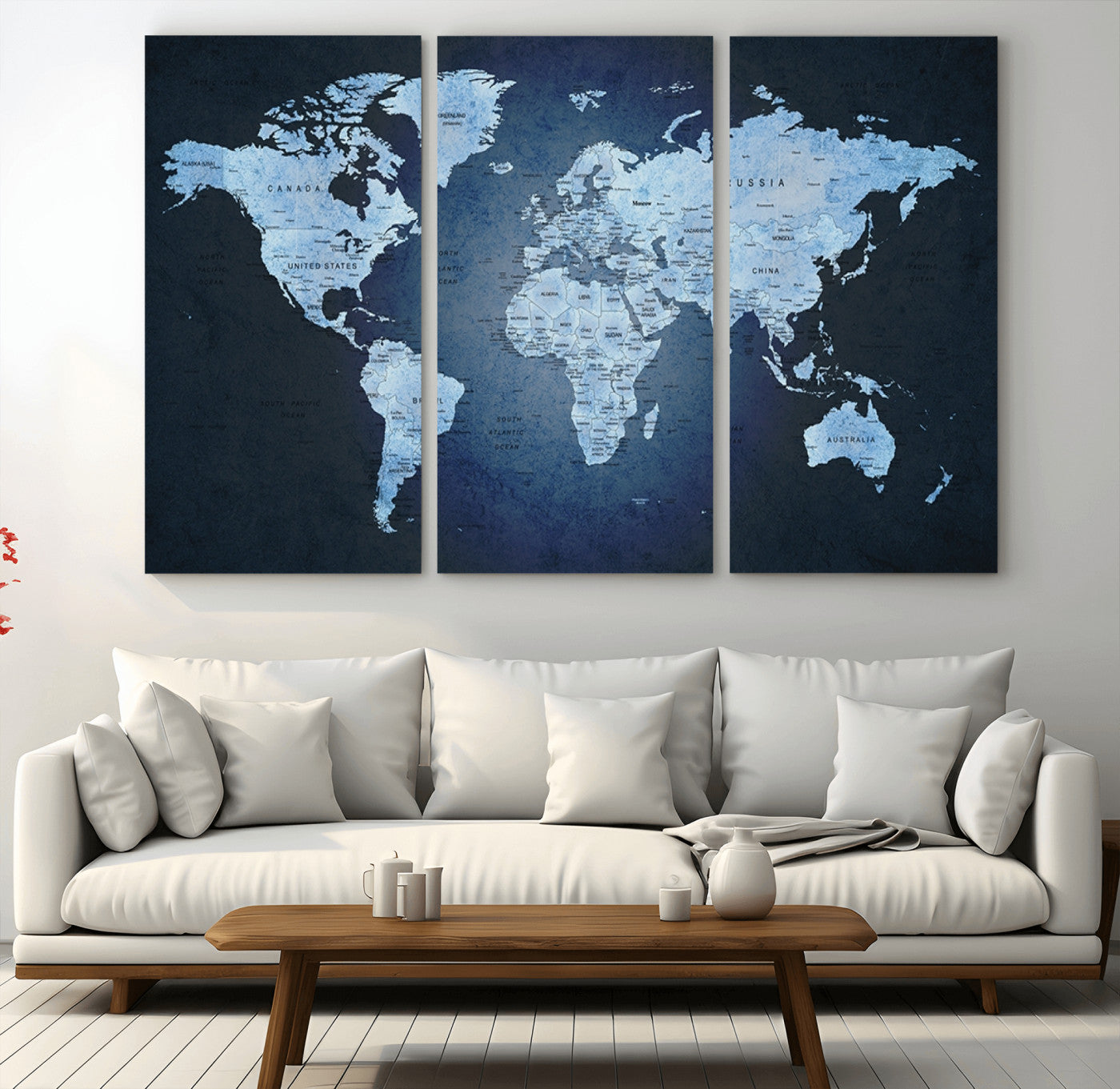 26249-MGV-CV-36X24-Blue World Map Canvas Wall Art – Framed Modern Push Pin Travel Map for Home and Office Decor, Elegant Navy Global Wall Artwork for Travelers