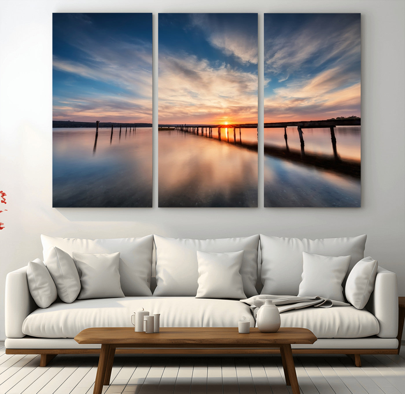 MGV-CV-48X32-3P - Wooden Pier on Seascape and Sunset Wall Art Canvas Print