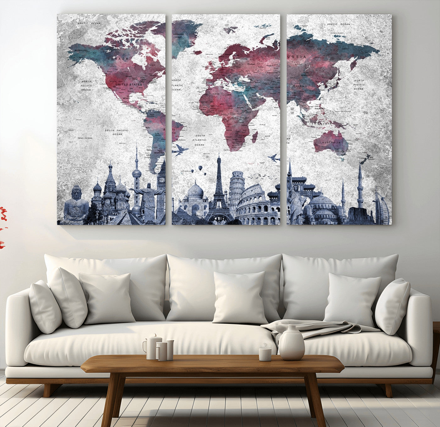 42515-MGV-CV-36X24-World Map Canvas Wall Art with Famous Landmarks – Framed Travel Map Print for Home and Office Decor, Perfect Gift for Travel Lovers