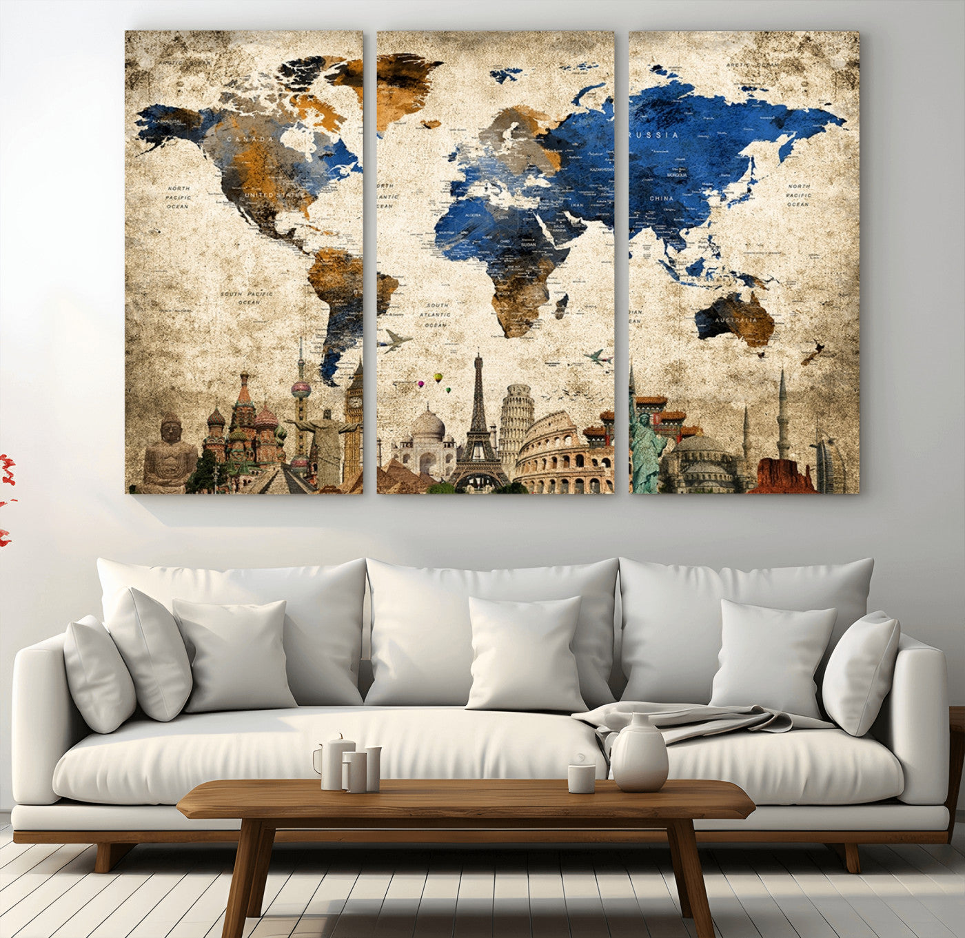 20261-MGV-CV-36X24-World Map Canvas Print – Vintage Blue and Gold World Map Wall Art, Framed Travel Inspired Decor for Living Room or Office