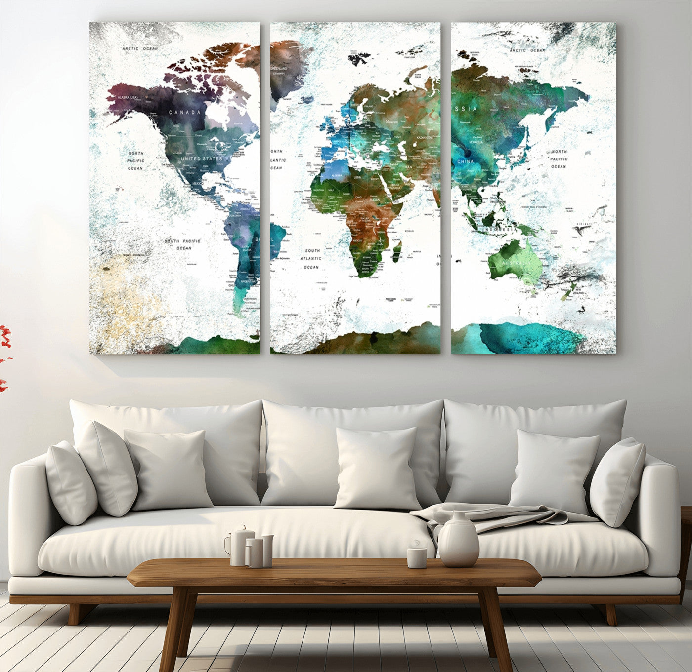 13140-MGV-CV-36X24-Modern Watercolor World Map Canvas Wall Art – Framed Abstract Map Print, Contemporary Travel Artwork for Elegant Home and Office Decor