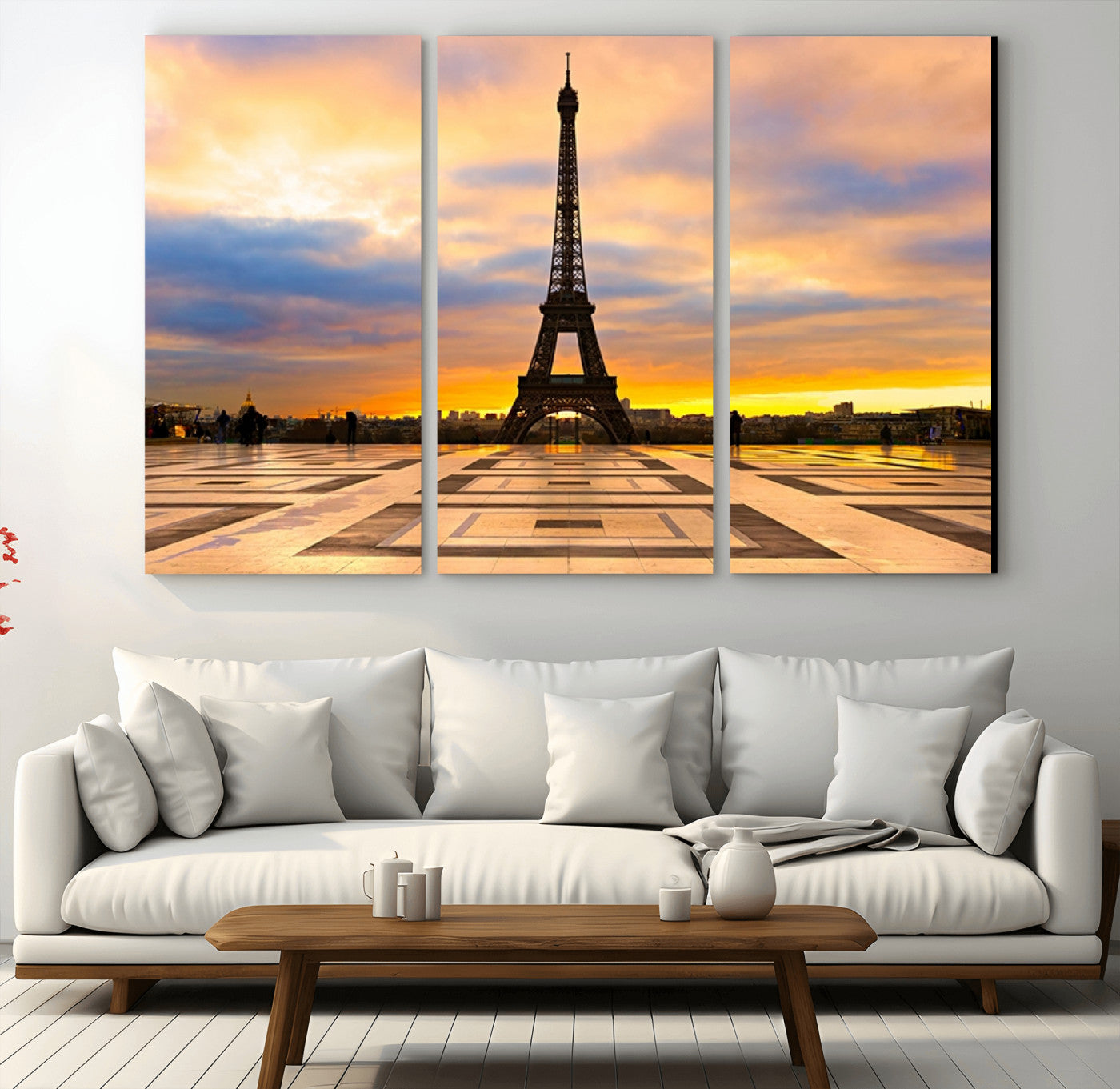 MGV-CV-48X32-3P - Paris Eiffel Tower Sunset Canvas Wall Art Print - Iconic Landmark Decor with Vibrant Colors