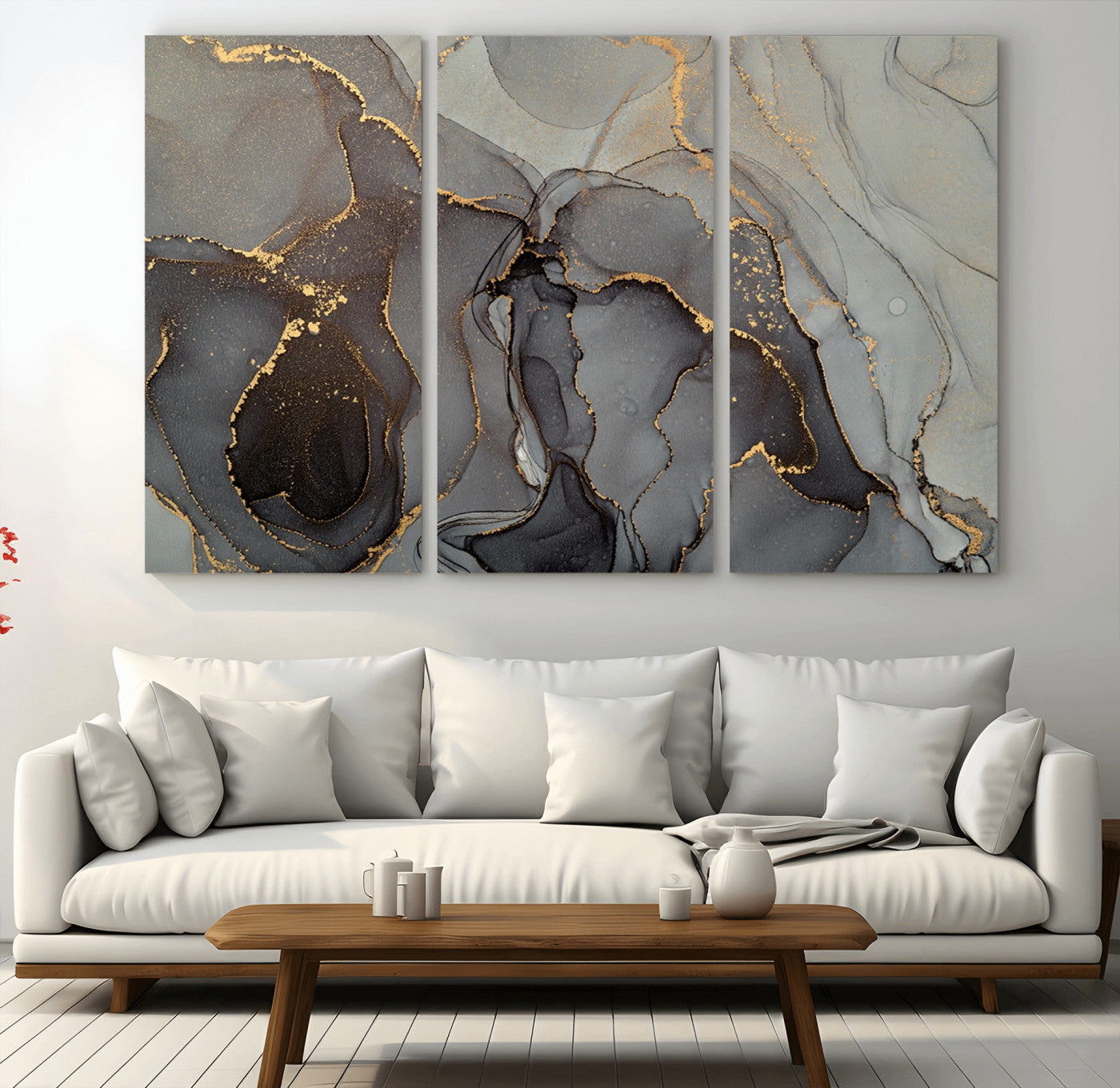 16762-MGV-CV-48X32-3P-Gray Marble Fluid Wall Art – Modern Abstract Canvas Print with Elegant Flowing Patterns, Minimalist Luxury Decor for Living Room, Office, or Bedroom