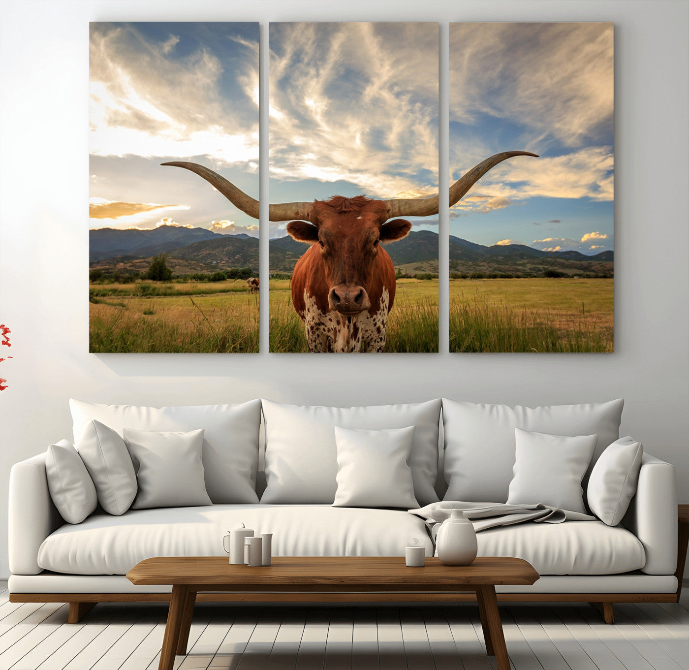 55416-MGV-CV-36X24-Texas Longhorn Canvas Wall Art – Majestic Triptych Animal Print – Rustic Western Decor for Living