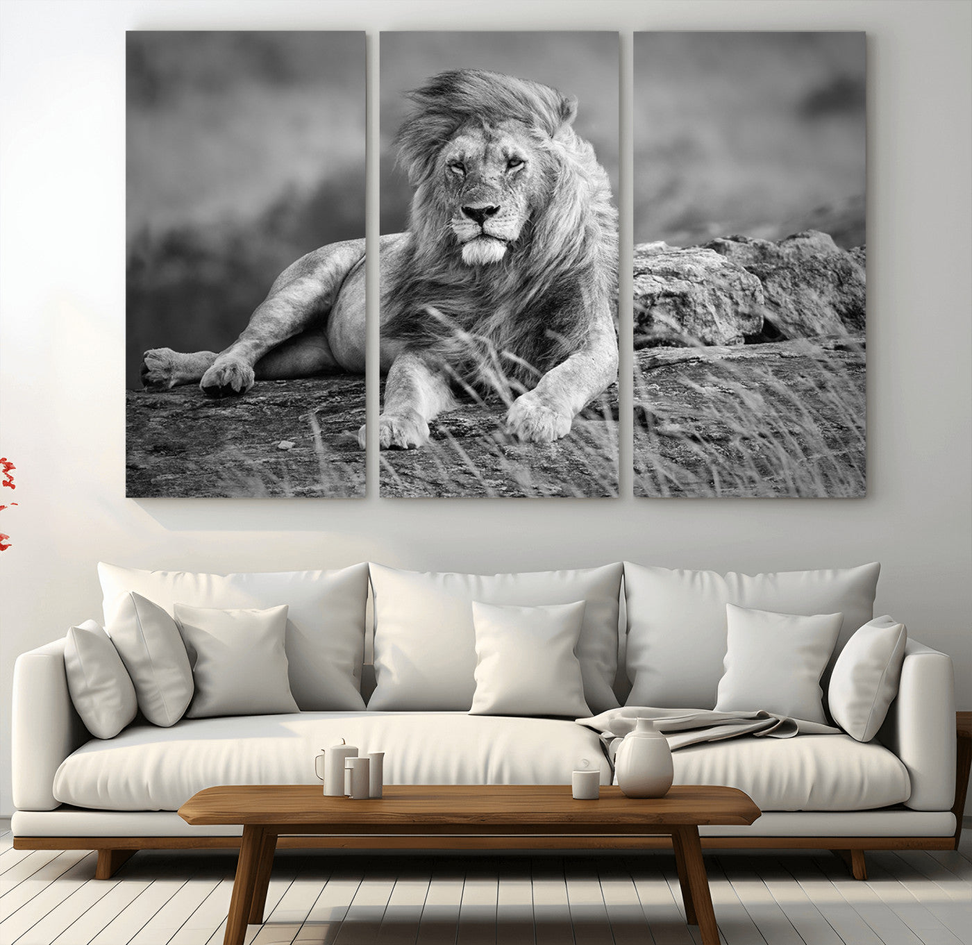 68679-MGV-CV-36X24-King Forest Lion Wall Art Canvas Print – Framed Majestic Wildlife Scene with Regal Lion Artwork for Home, Office