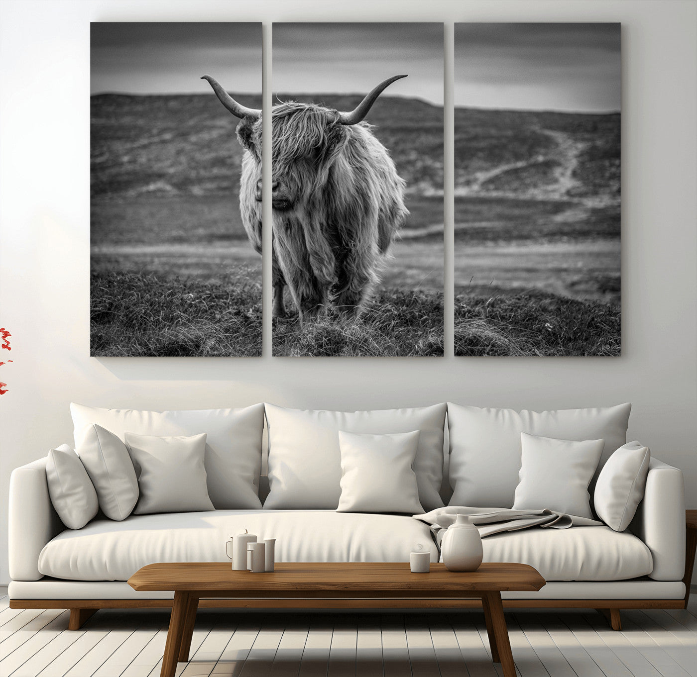 42995-MGV-CV-36X24-Fluffy Cattle Wall Art Print, Highland Cow Canvas, Framed Black and white Wall Art