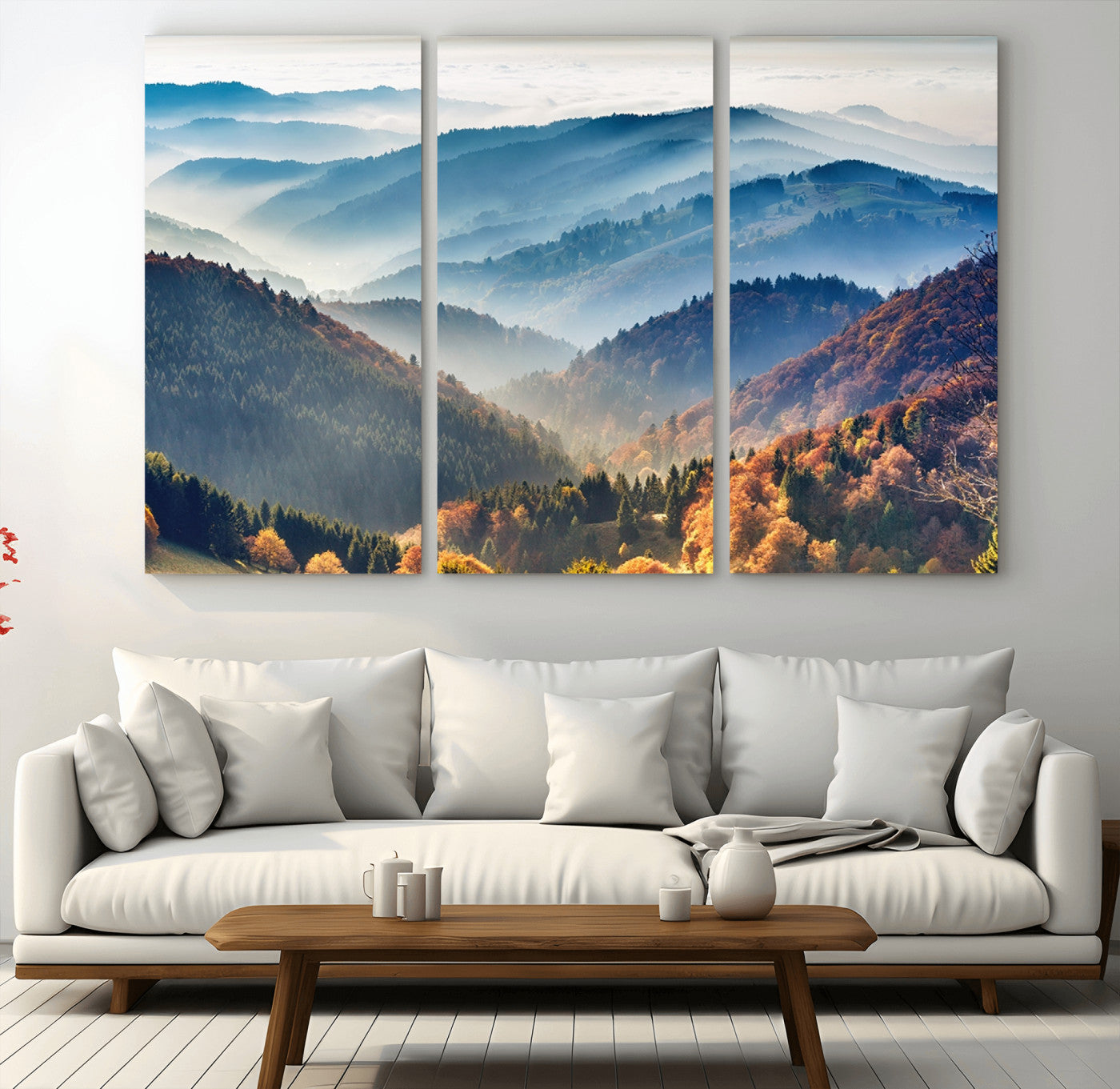 23293-MGV-CV-36X24-Misty Mountain Sunrise Triptych Canvas Print – Autumn Landscape Wall Art – Scenic Nature Decor – Ready to Hang