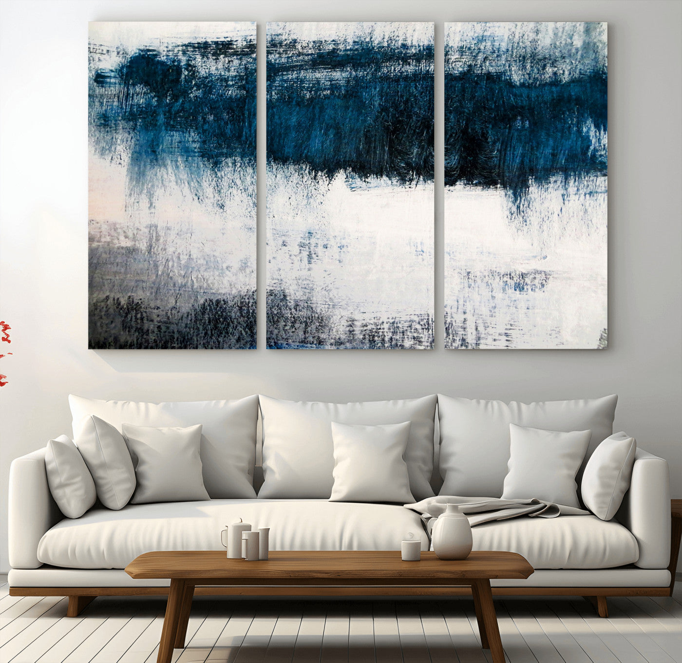 38954-MGV-CV-36X24-Abstract Blue and White Canvas Art | Large Wall Art for Modern Living Room Decor | Minimalist Brushstroke Painting on Canvas
