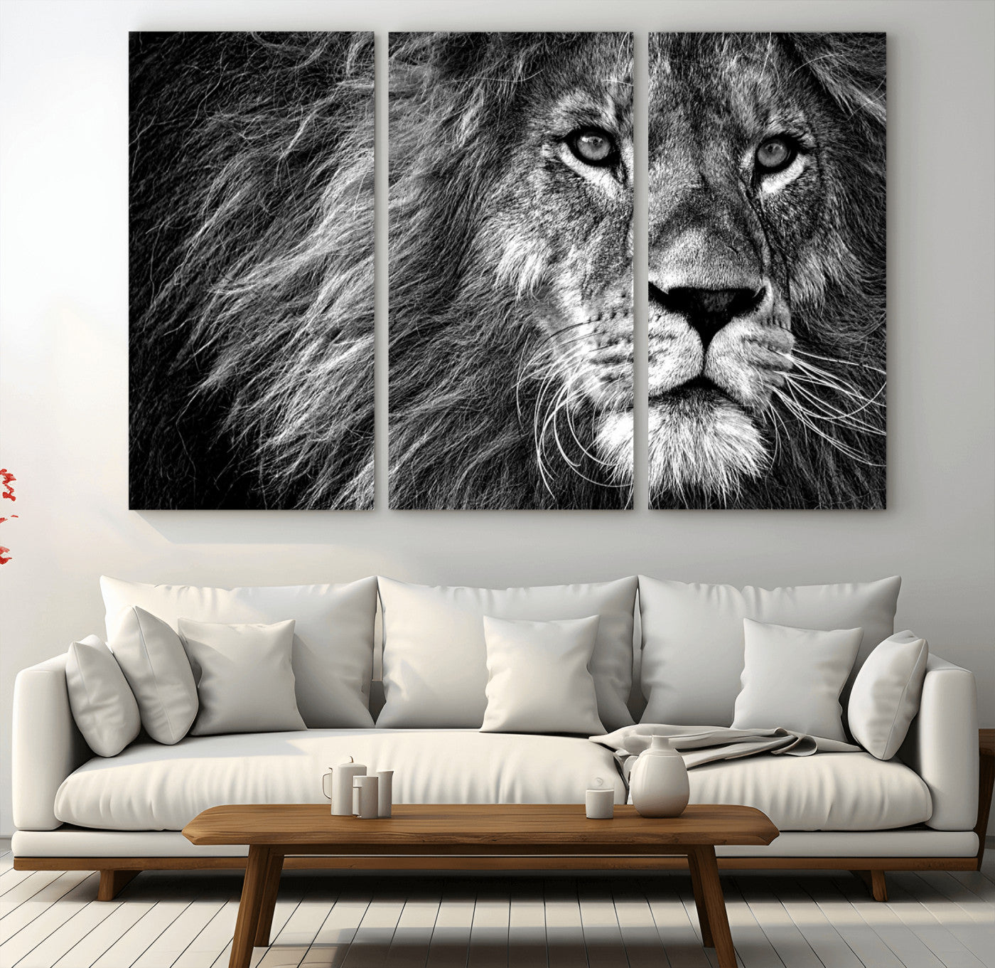 58363-MGV-CV-48X32-3P-Black and White Lion Canvas Wall Art Print – Wildlife Portrait Artwork for Home, Office, Living Room, Guest Room