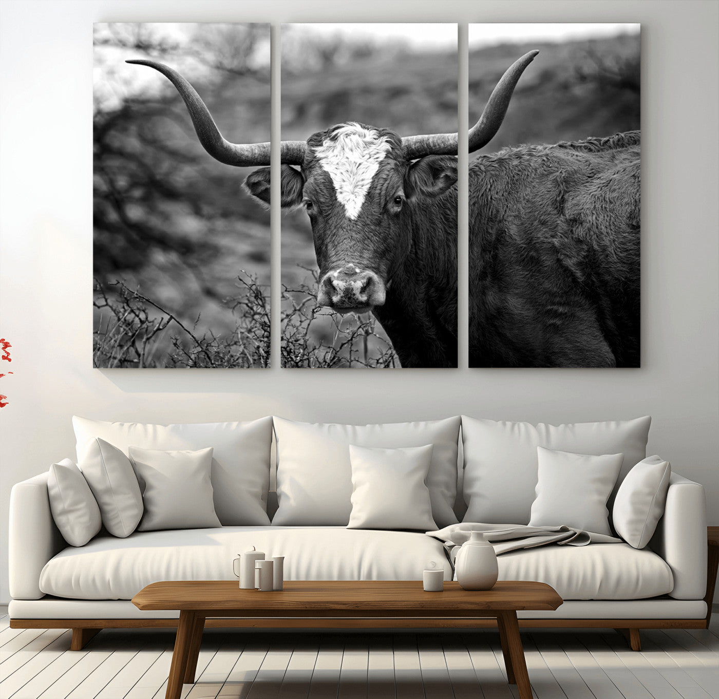 MGV-CV-48X32-3P - Western Home Wall Art Canvas Print, Framed Texas Longhorn Art Picture Print, Rustic Cow Perfect Rustic Farmhouse Decor Artwork