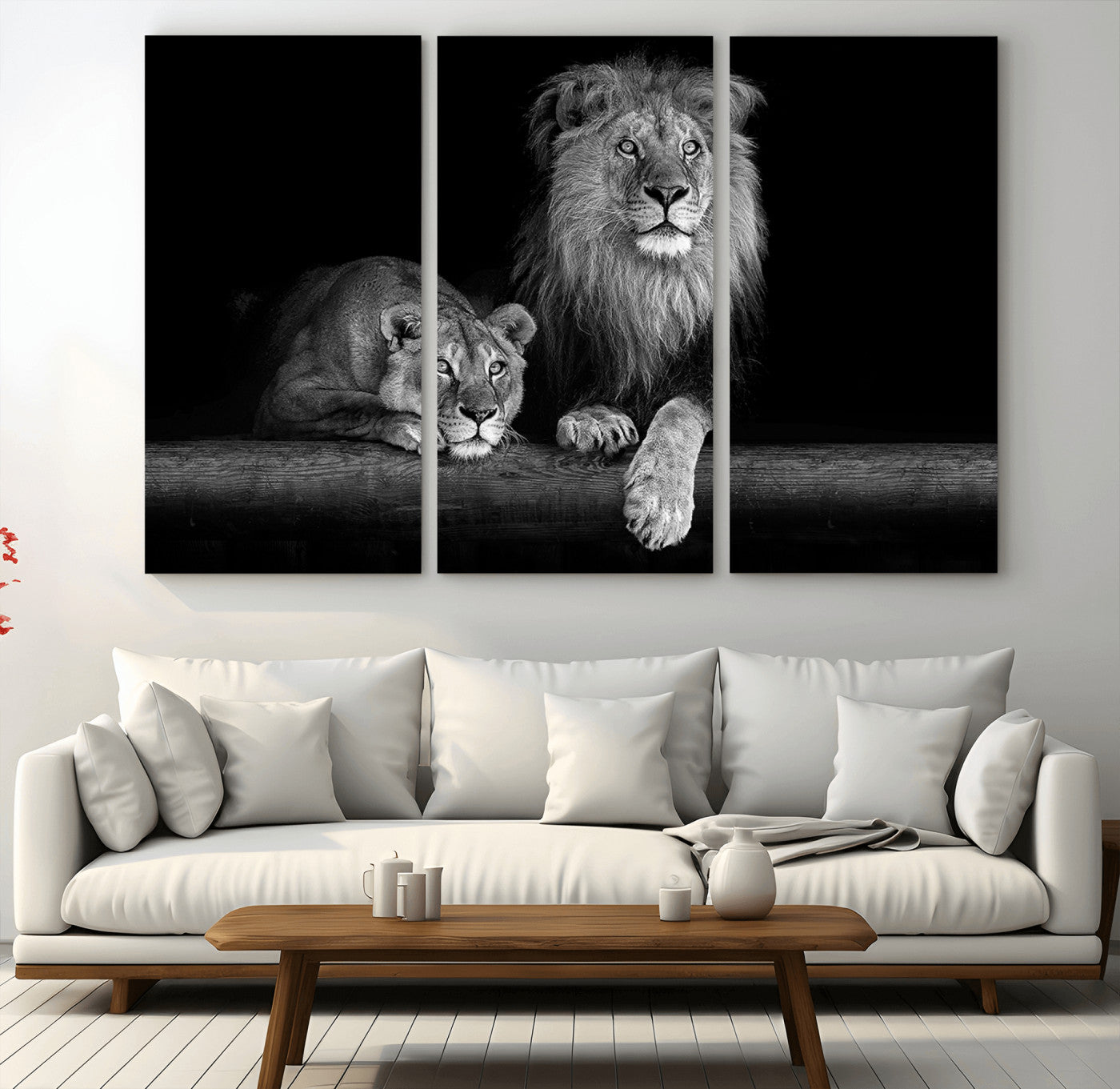 MGV-CV-48X32-3P - Large Black and White Lion Couple Wall Art Canvas Print