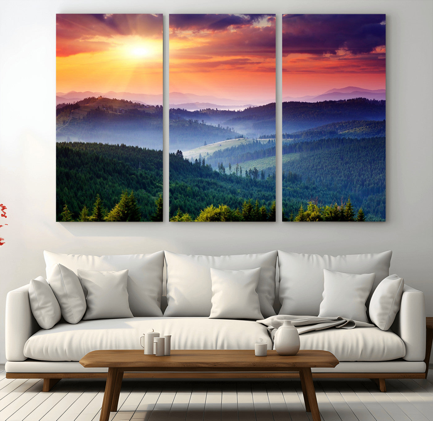 86411-MGV-CV-48X32-3P-Sunset over Mountain Canvas Print, Forest Canvas Wall Art – Triptych Nature Landscape for Living