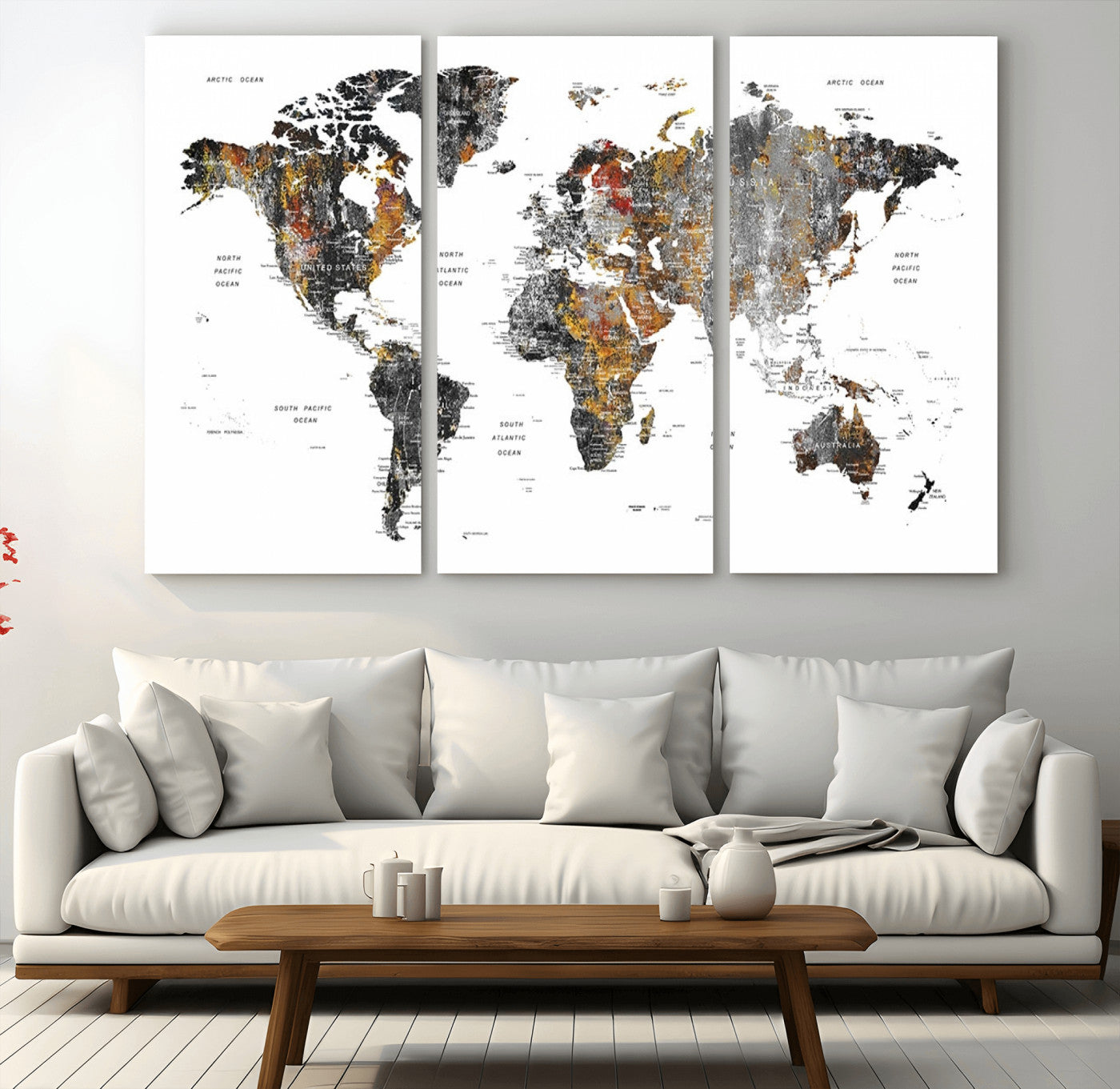 67481-MGV-CV-36X24-Modern Metallic World Map Canvas Wall Art – Framed Contemporary World Map Print, Stylish Travel Inspired Decor for Home and Office Walls