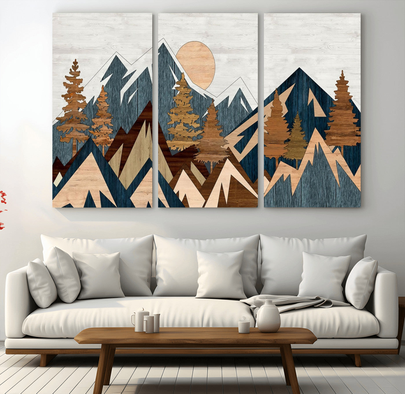 91467-MGV-CV-48X32-3P-Abstract Wood Panel Effect Mountain Range Top Wall Art Canvas Print